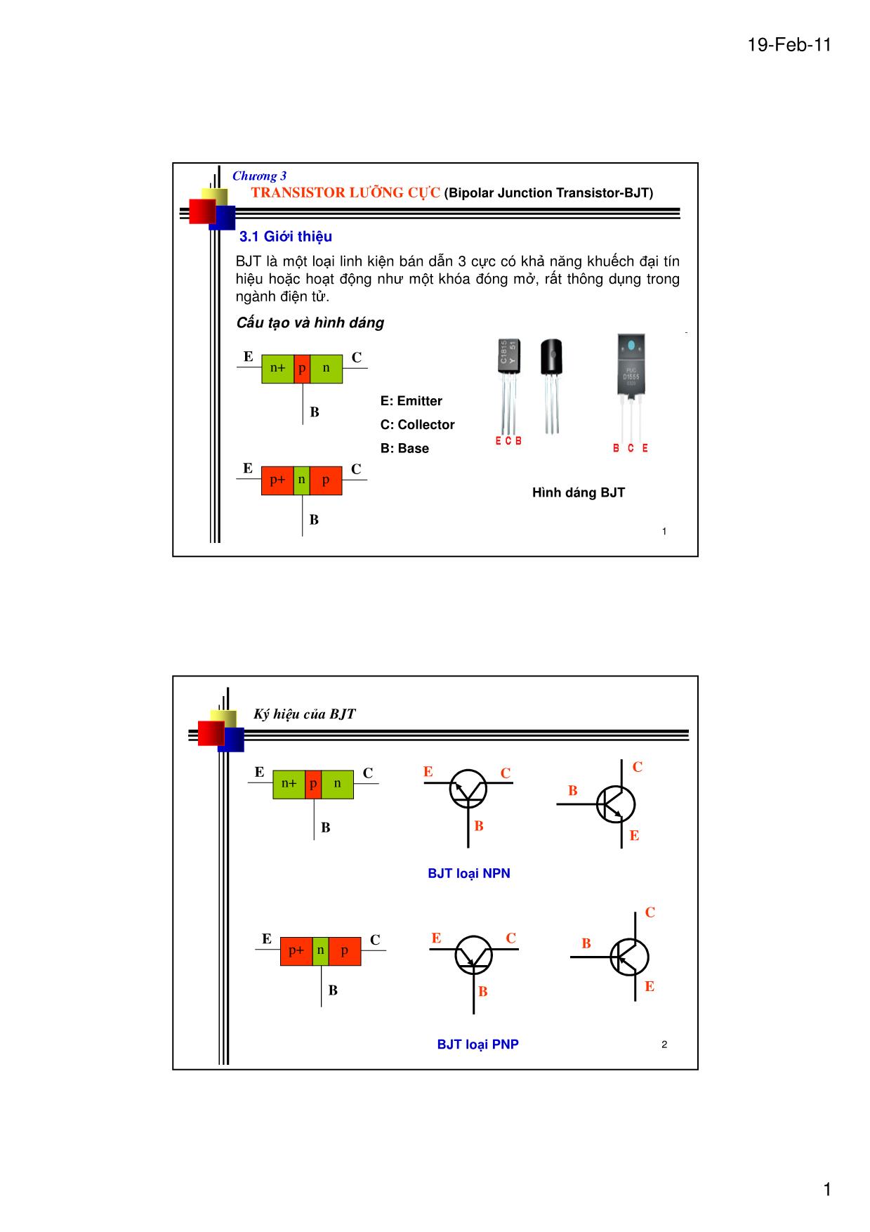 Bài giảng Kỹ thuật điện tử - Chương 3: Transistor lưỡng cực - Lê Chí Thông trang 1