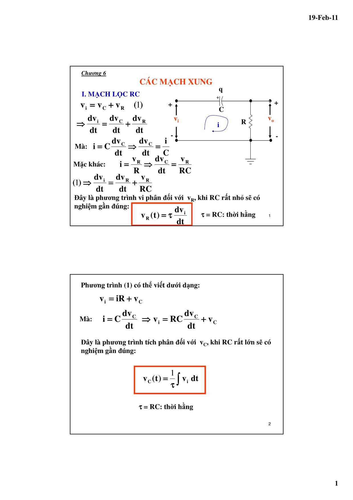 Bài giảng Kỹ thuật điện tử - Chương 6: Các mạch xung - Lê Chí Thông trang 1