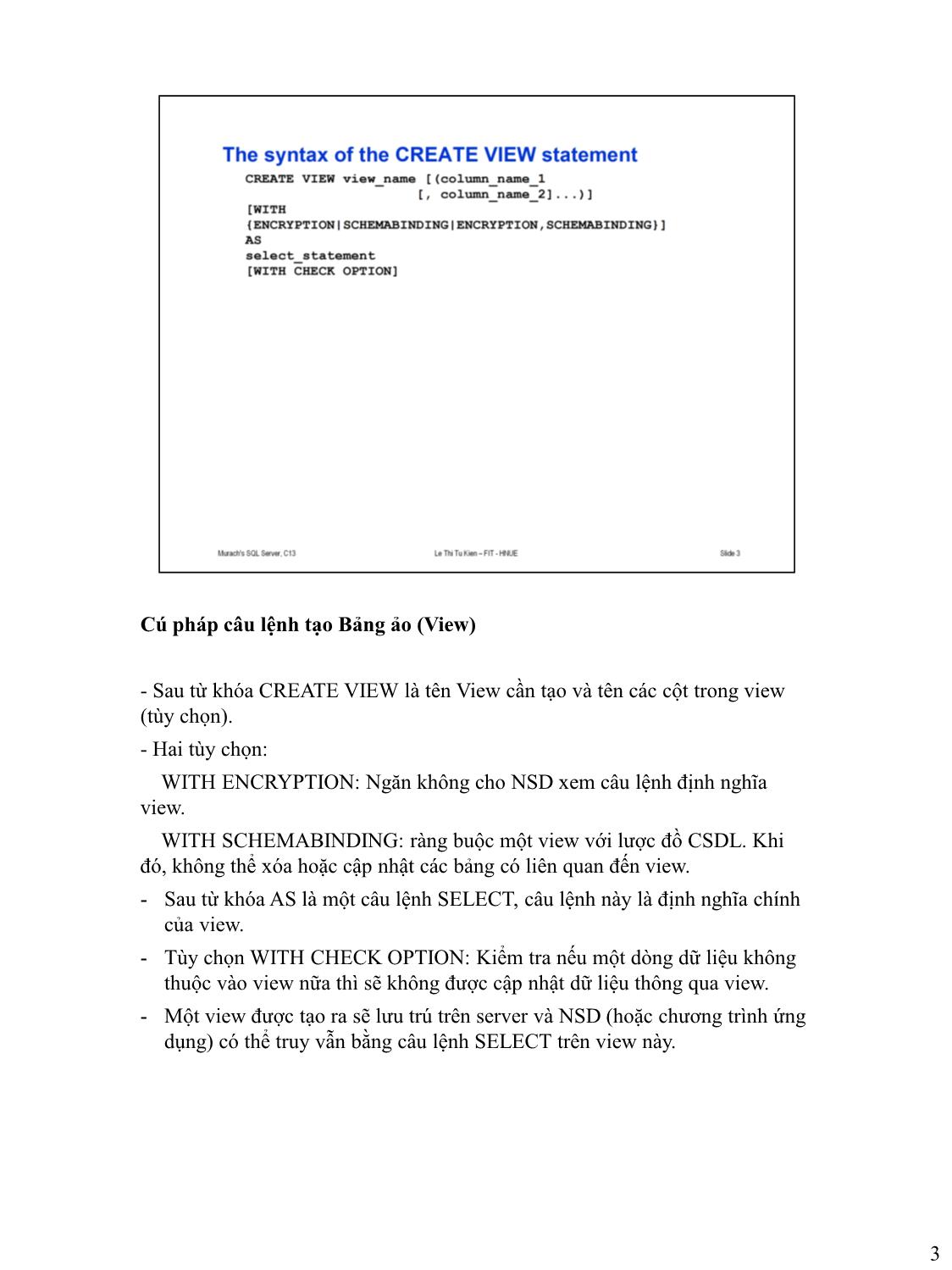 Bài giảng Microsoft SQL Server - Bài 10: Làm việc với bảng ảo và chỉ mục - Lê Thị Tú Kiên trang 3