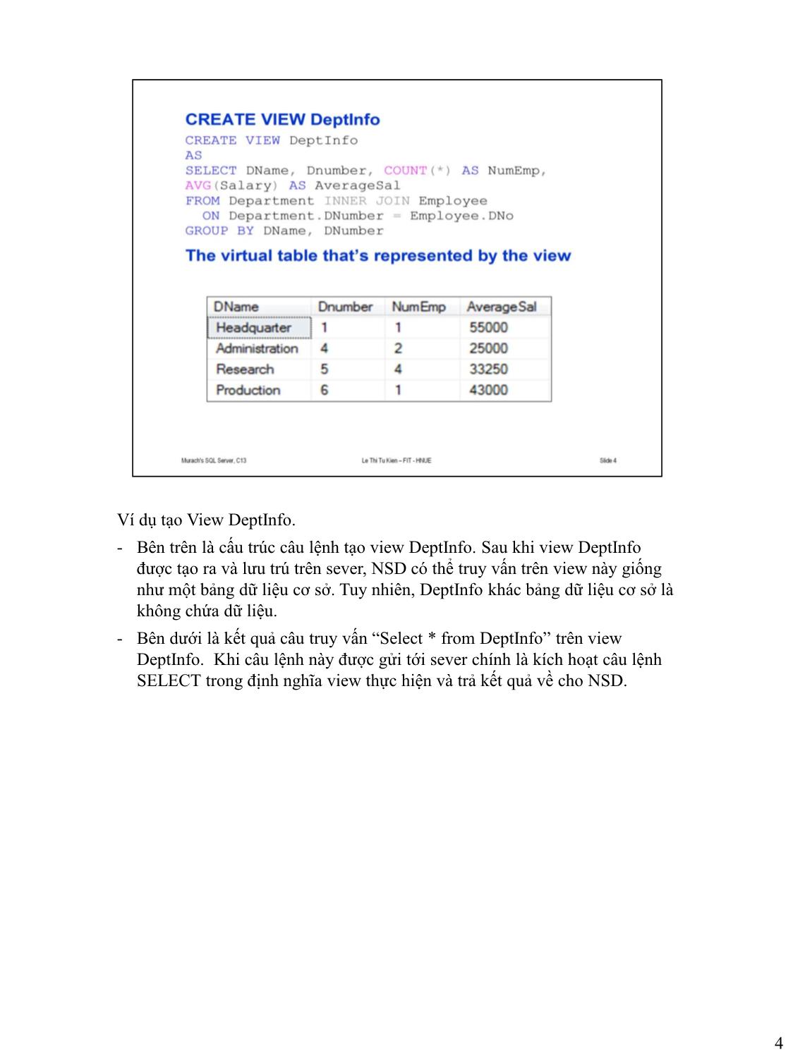 Bài giảng Microsoft SQL Server - Bài 10: Làm việc với bảng ảo và chỉ mục - Lê Thị Tú Kiên trang 4