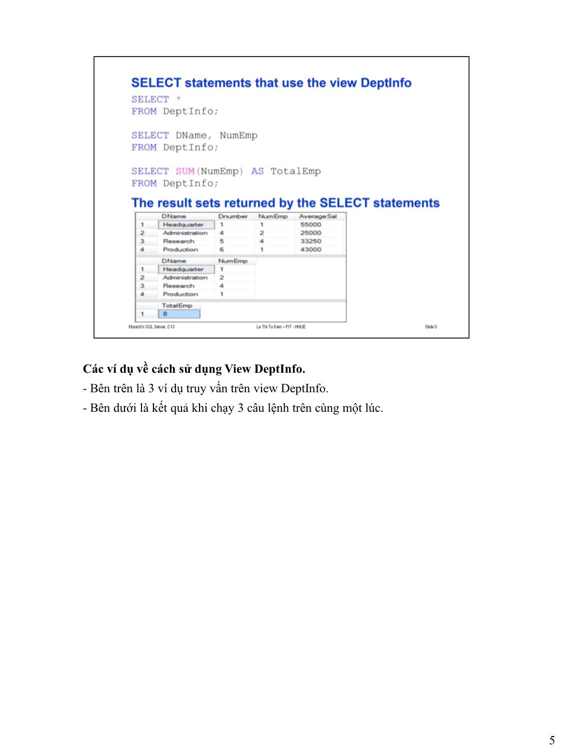 Bài giảng Microsoft SQL Server - Bài 10: Làm việc với bảng ảo và chỉ mục - Lê Thị Tú Kiên trang 5