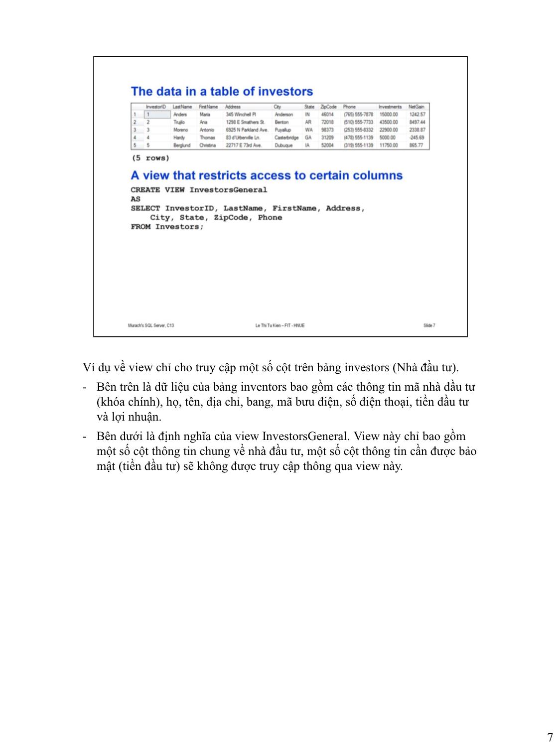 Bài giảng Microsoft SQL Server - Bài 10: Làm việc với bảng ảo và chỉ mục - Lê Thị Tú Kiên trang 7
