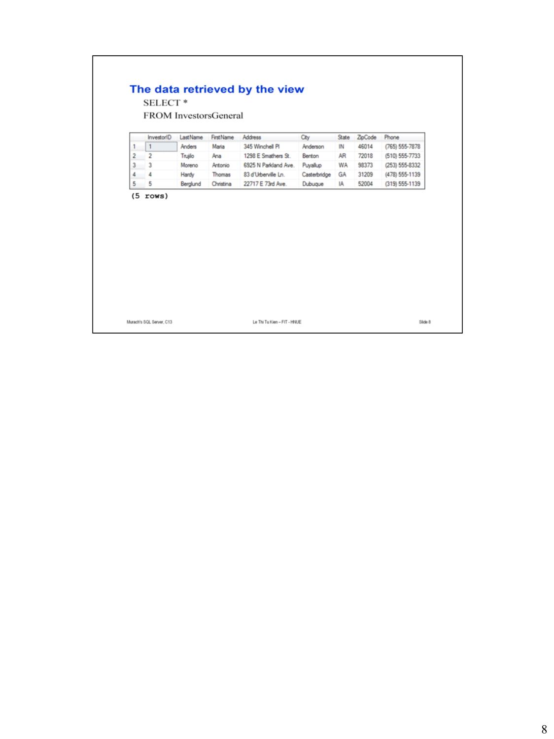 Bài giảng Microsoft SQL Server - Bài 10: Làm việc với bảng ảo và chỉ mục - Lê Thị Tú Kiên trang 8