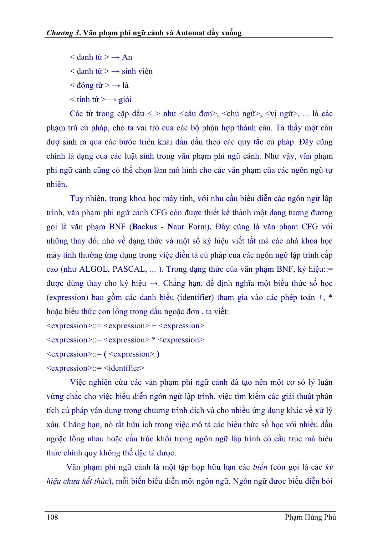Bài giảng Ngôn ngữ hình thức - Chương 3: Văn phạm phi ngữ cảnh và Automat đẩy xuống - Phạm Hùng Phú trang 2