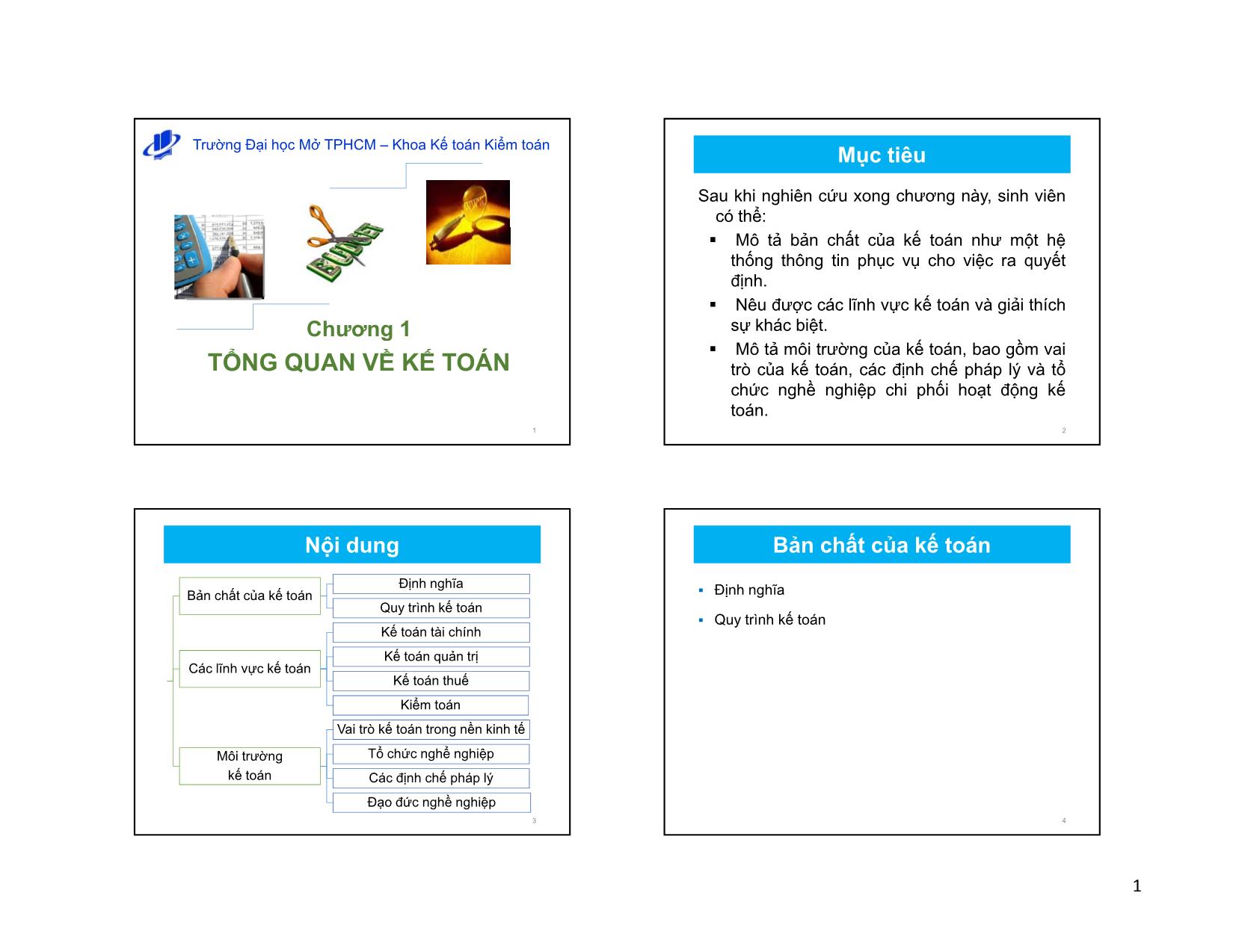 Bài giảng Nguyên lý kế toán - Chương 1: Tổng quan về kế toán - Nguyễn Thu Ngọc trang 1