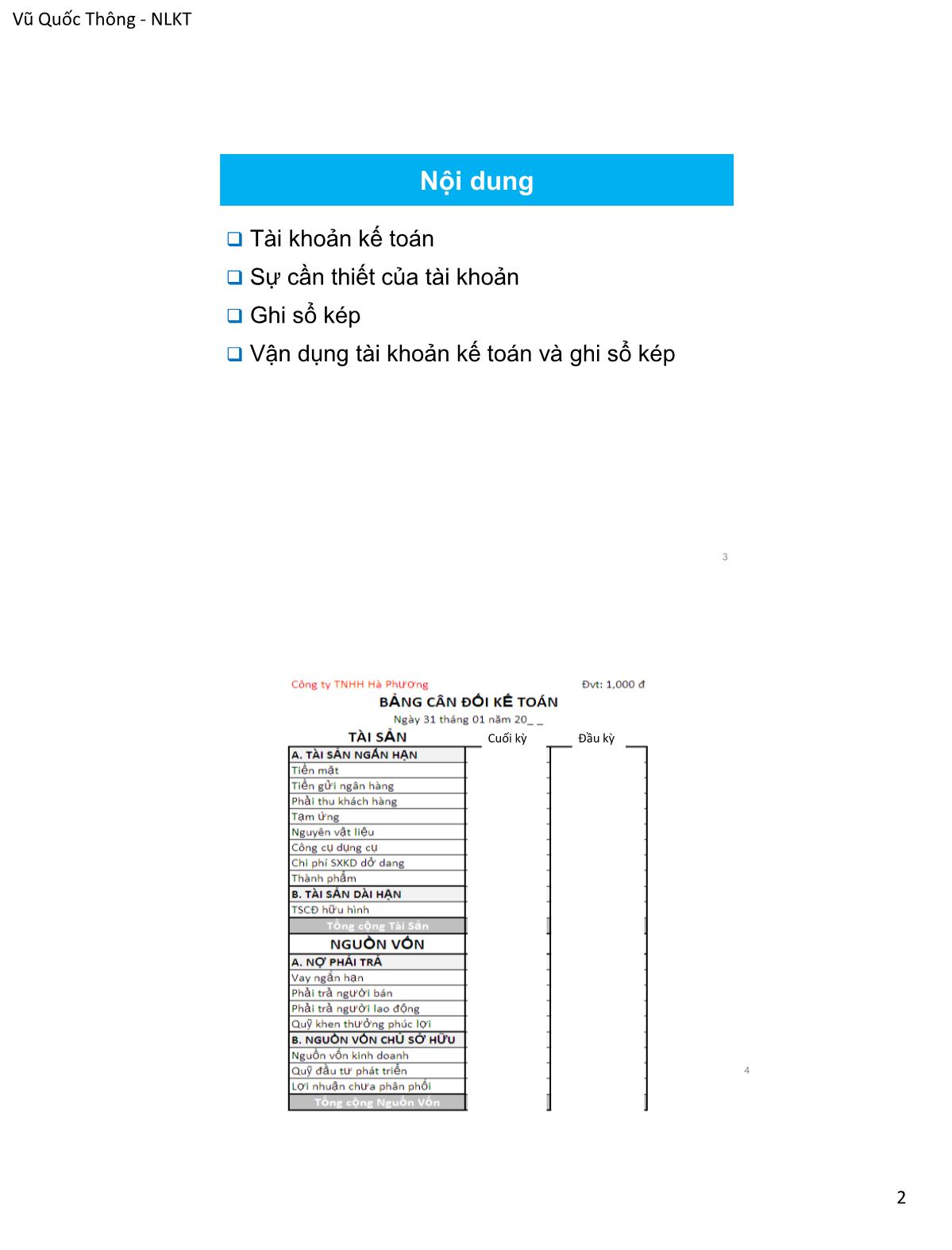 Bài giảng Nguyên lý kế toán - Chương 3: Tài khoản và ghi sổ - Vũ Quốc Thông trang 2