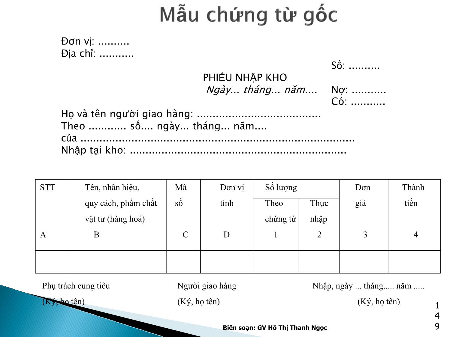 Bài giảng Nguyên lý kế toán - Chương 5: Chứng từ & Kiểm kê - Hồ Thị Thanh Ngọc trang 9