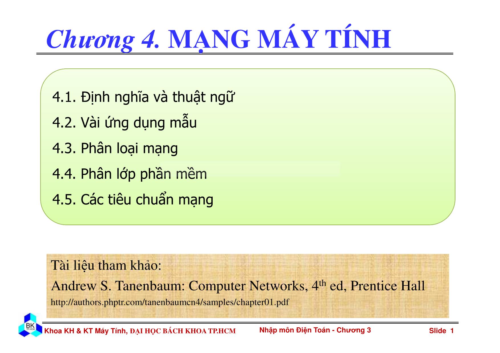 Bài giảng Nhập môn điện toán - Chương 4: Mạng máy tính trang 1