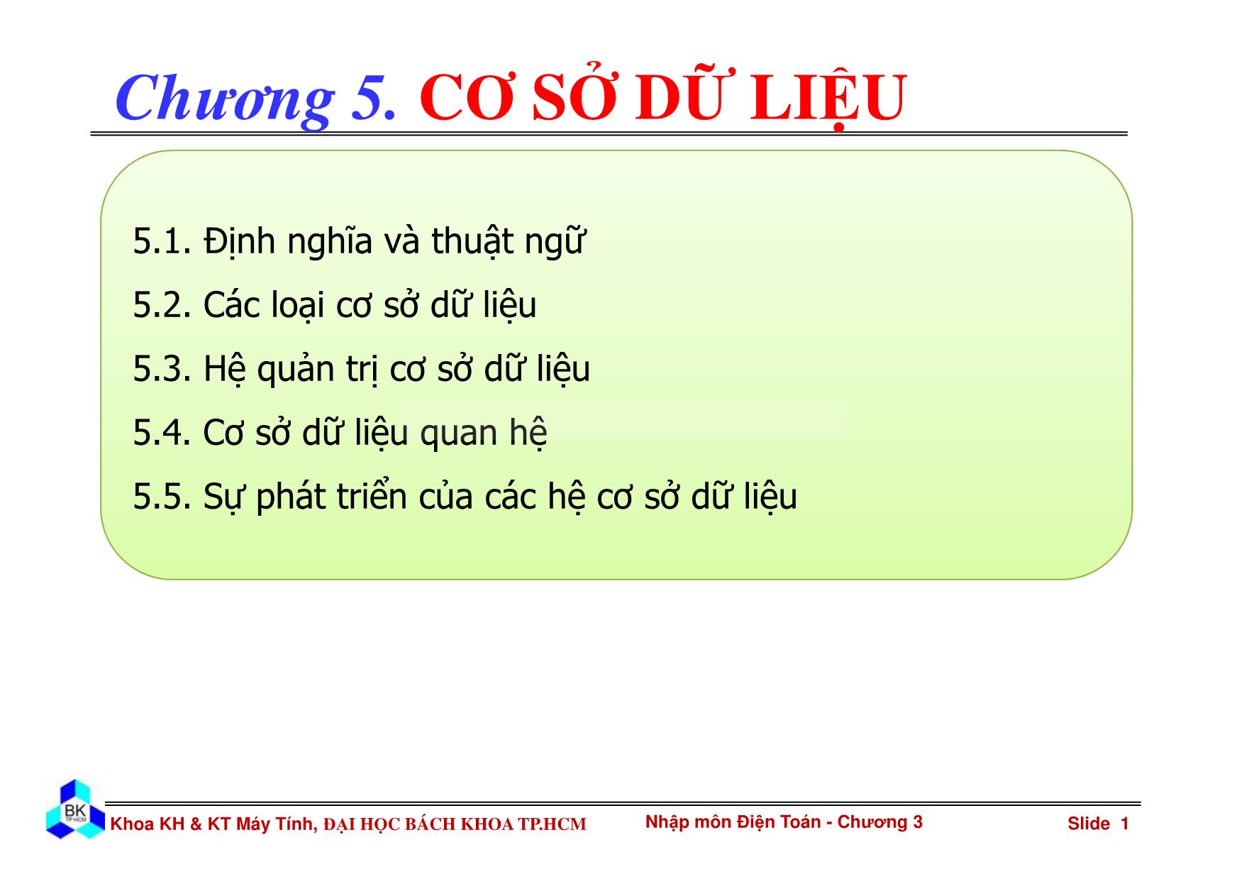 Bài giảng Nhập môn điện toán - Chương 5: Cơ sở dữ liệu trang 1