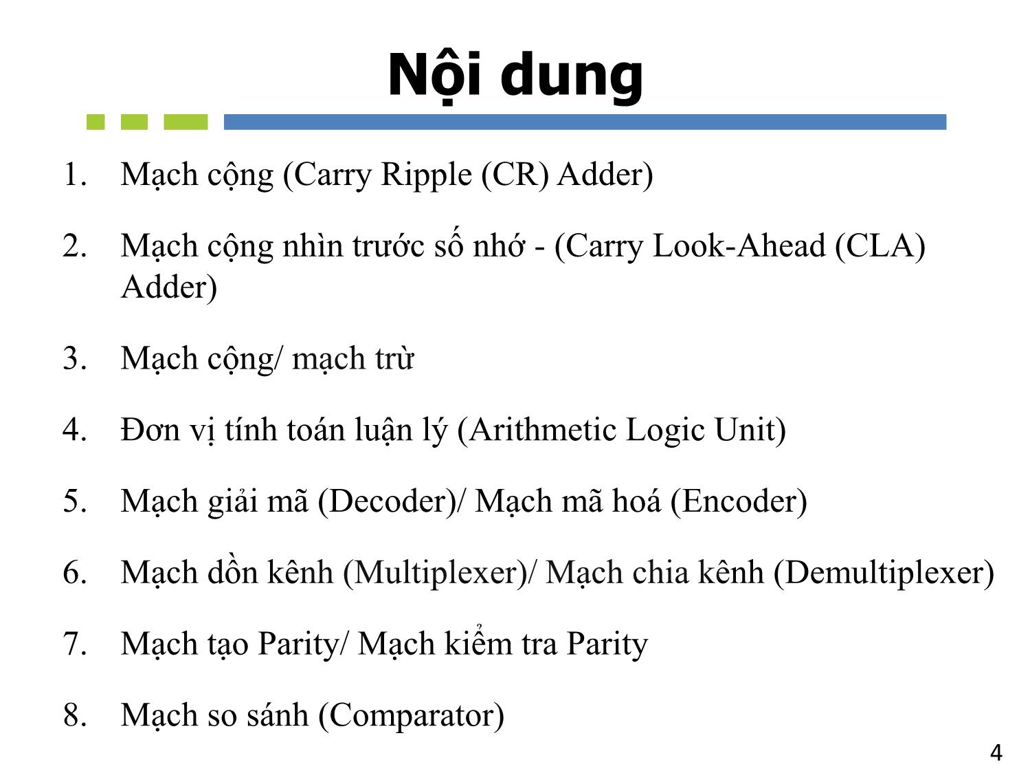 Bài giảng Nhập môn mạch số - Chương 5, Phần 1: Mạch tổ hợp. Mạch tính toán số học - Hồ Ngọc Diễm trang 4