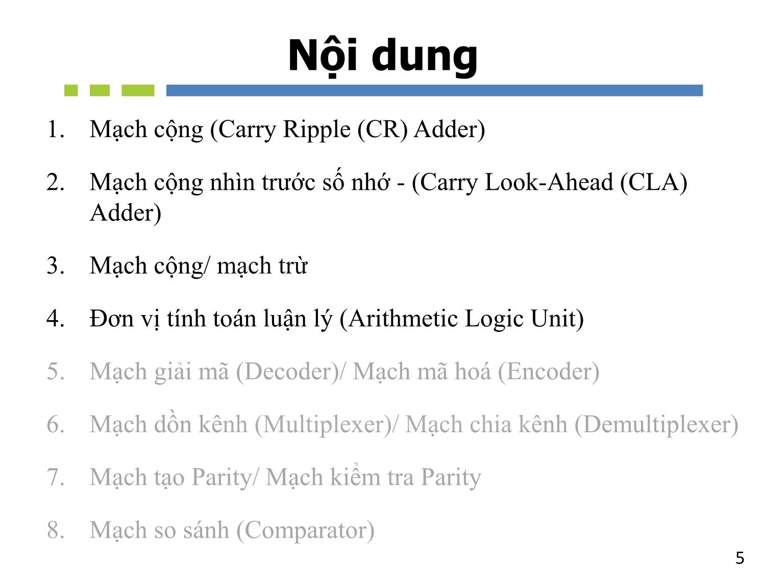 Bài giảng Nhập môn mạch số - Chương 5, Phần 1: Mạch tổ hợp. Mạch tính toán số học - Hồ Ngọc Diễm trang 5