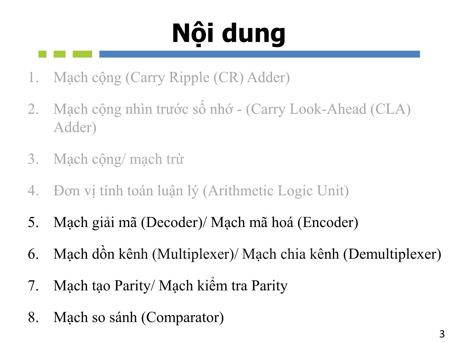 Bài giảng Nhập môn mạch số - Chương 5, Phần 2: Mạch tổ hợp. Các loại mạch khác - Hồ Ngọc Diễm trang 3