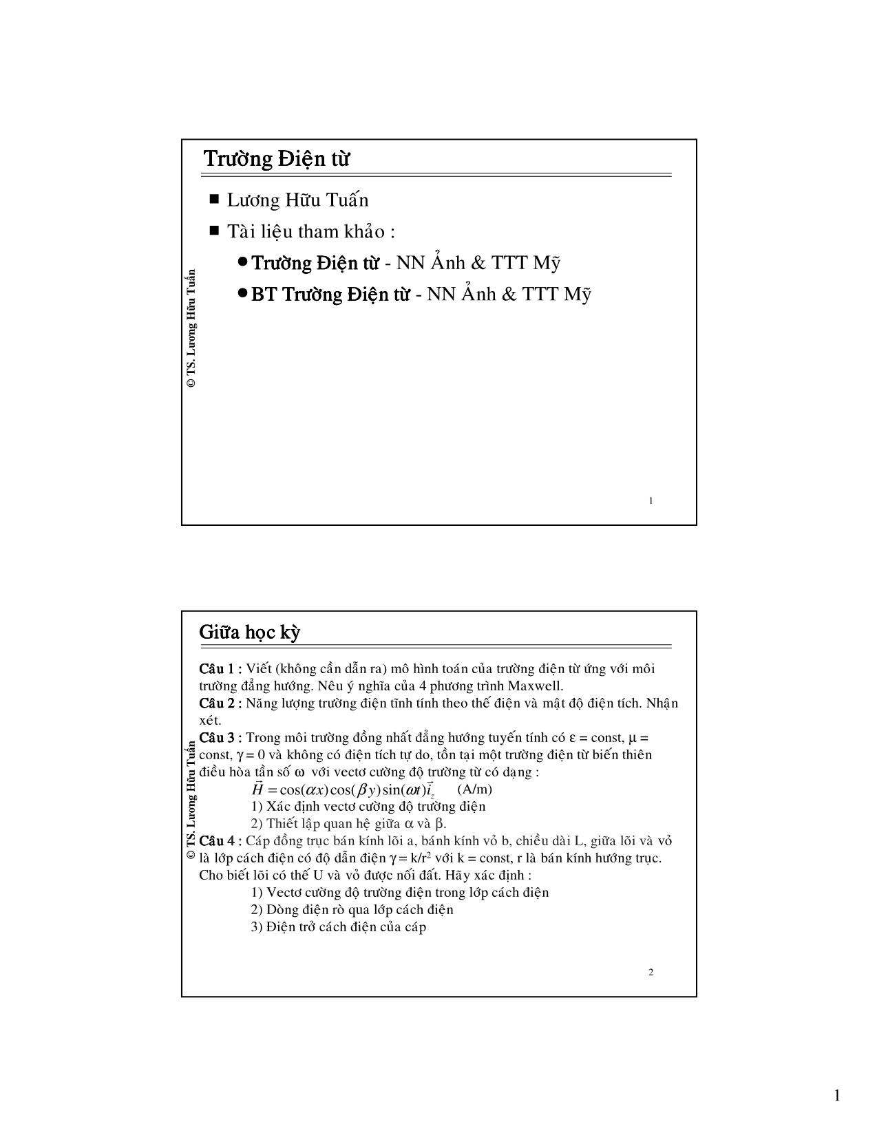 Bài giảng Trường điện từ - Chương 1: Khái niệm và phương trình cơ bản của trường điện từ - Lương Hữu Tuấn trang 1