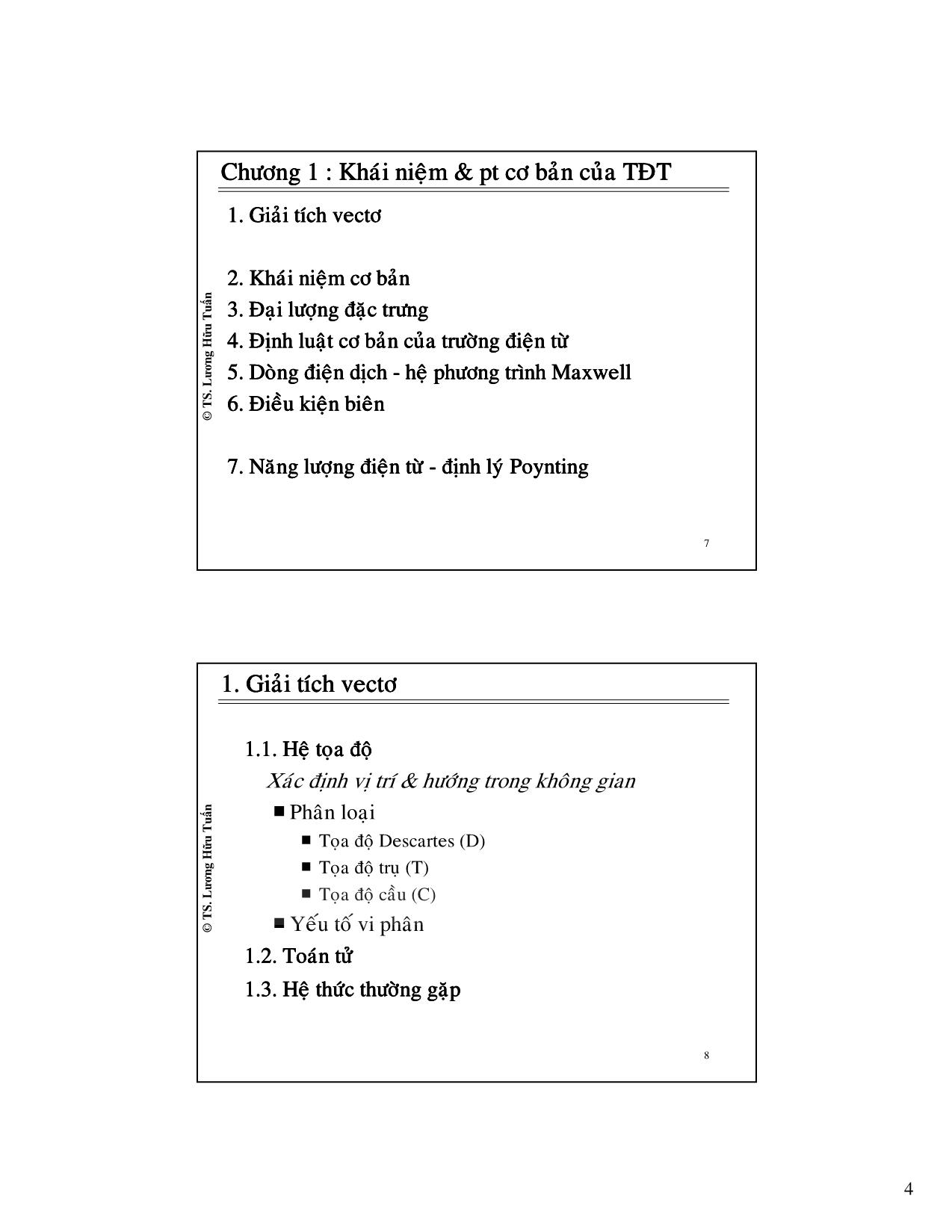 Bài giảng Trường điện từ - Chương 1: Khái niệm và phương trình cơ bản của trường điện từ - Lương Hữu Tuấn trang 4