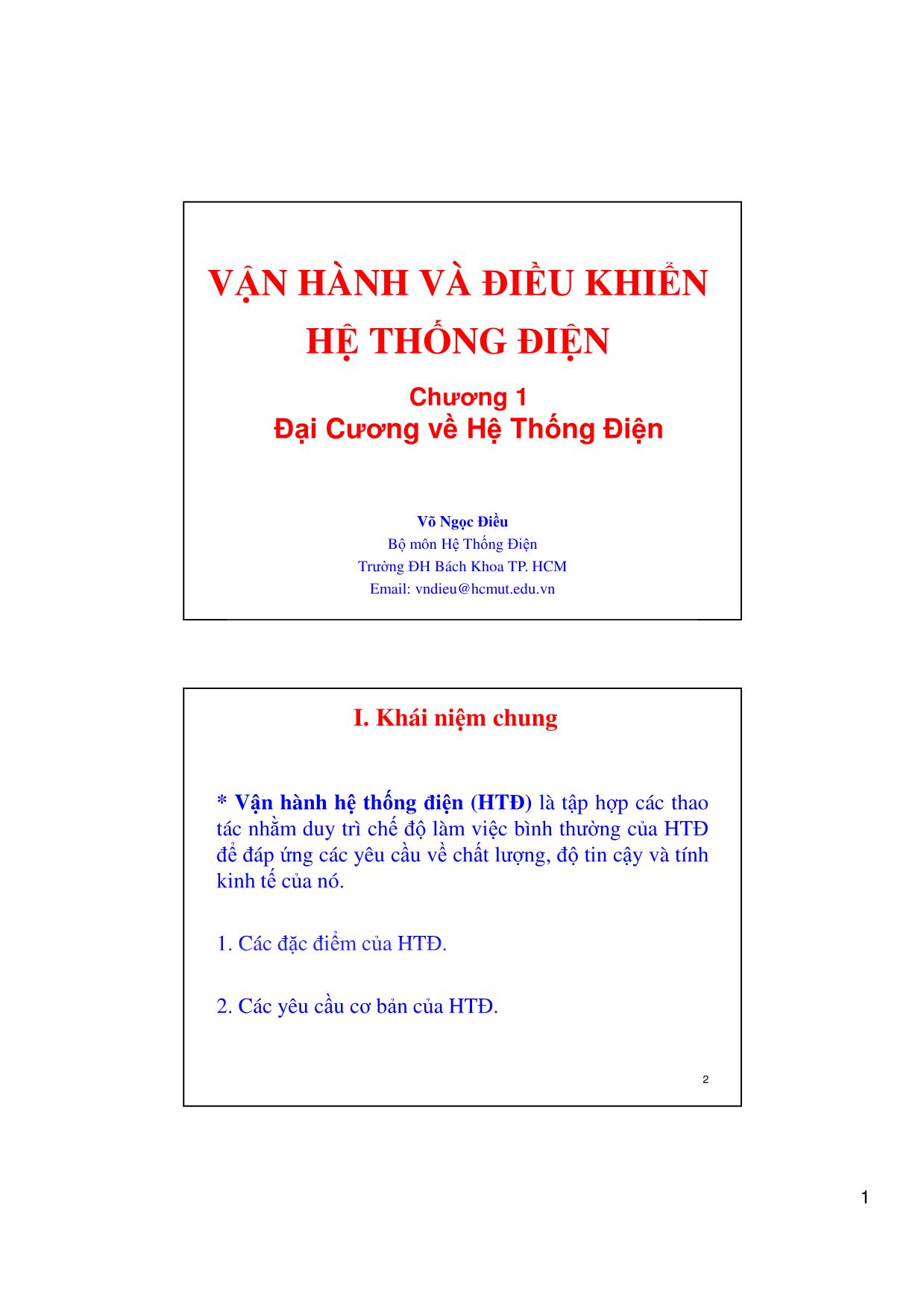 Bài giảng Vận hành và điều khiển hệ thống điện - Chương 1: Đại cương về hệ thống điện - Võ Ngọc Điều trang 1