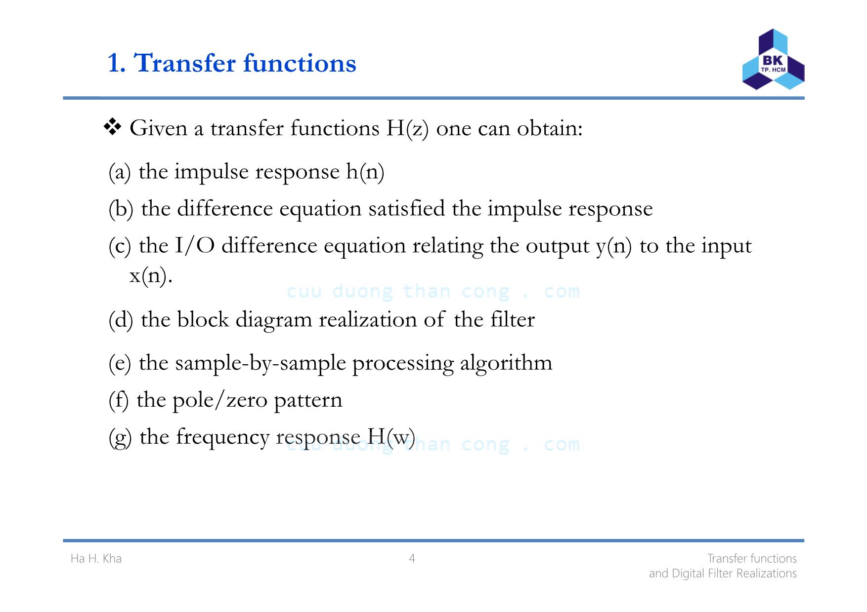 Bài giảng Xử lý tín hiệu số - Chương 6: Transfer functions and digital filter realization - Hà Hoàng Kha trang 4