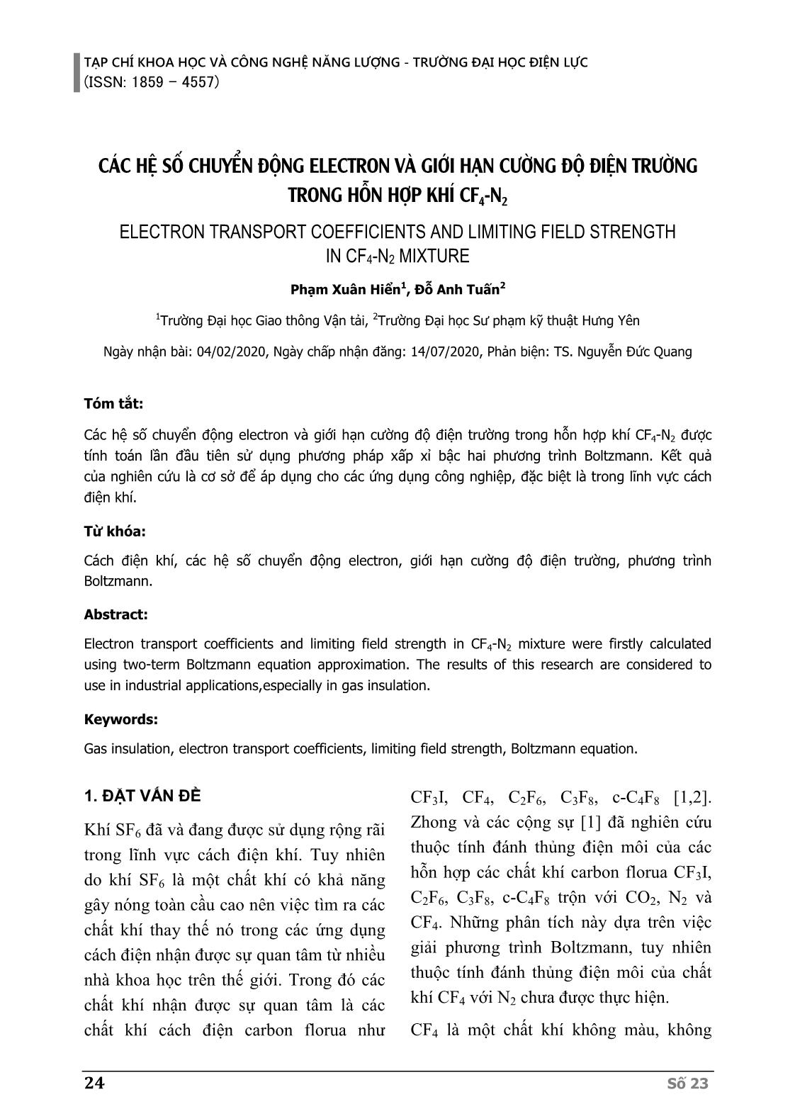 Các hệ số chuyển động electron và giới hạn cường độ điện trường trong hỗn hợp khí CF4-N2 trang 1