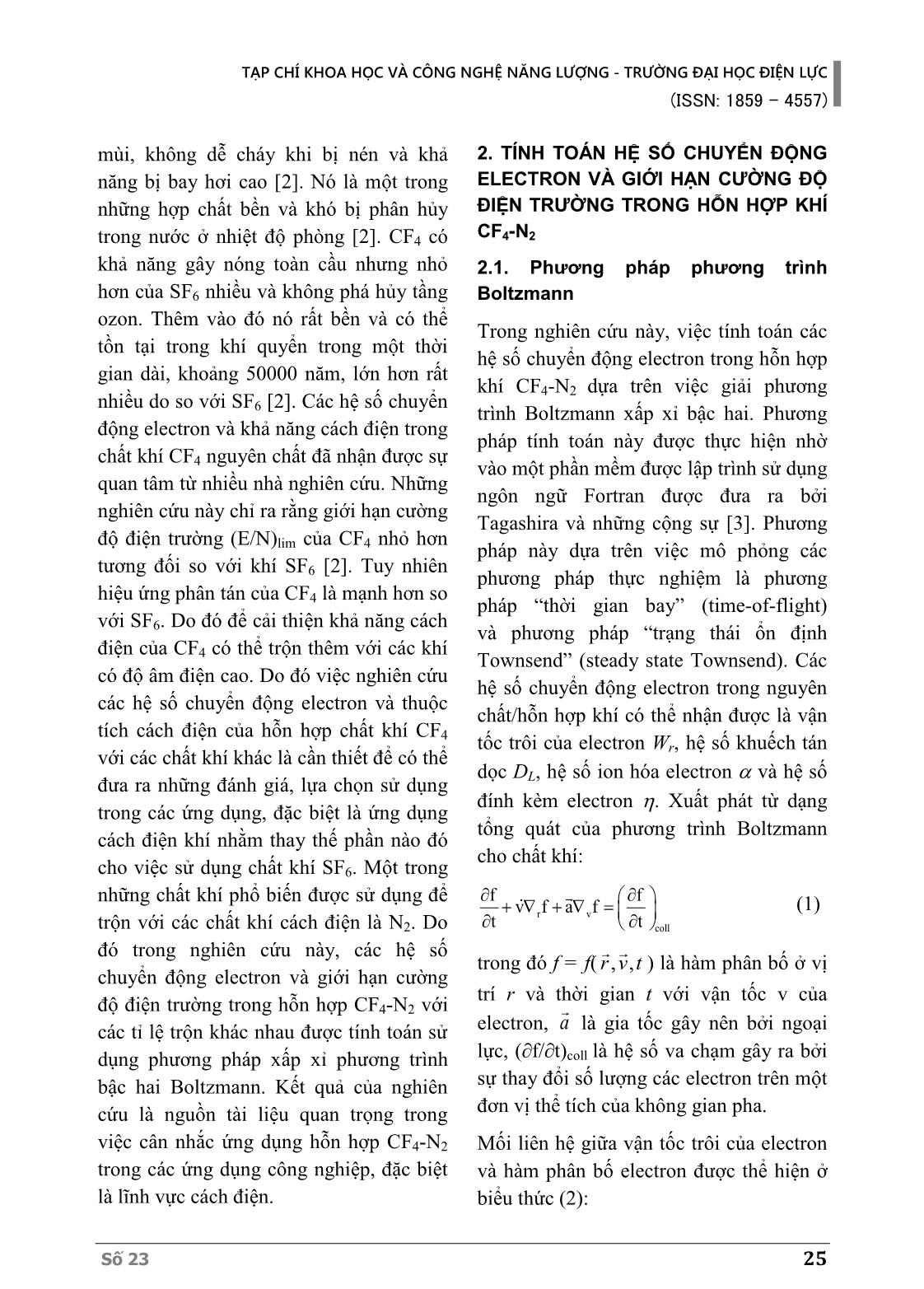 Các hệ số chuyển động electron và giới hạn cường độ điện trường trong hỗn hợp khí CF4-N2 trang 2