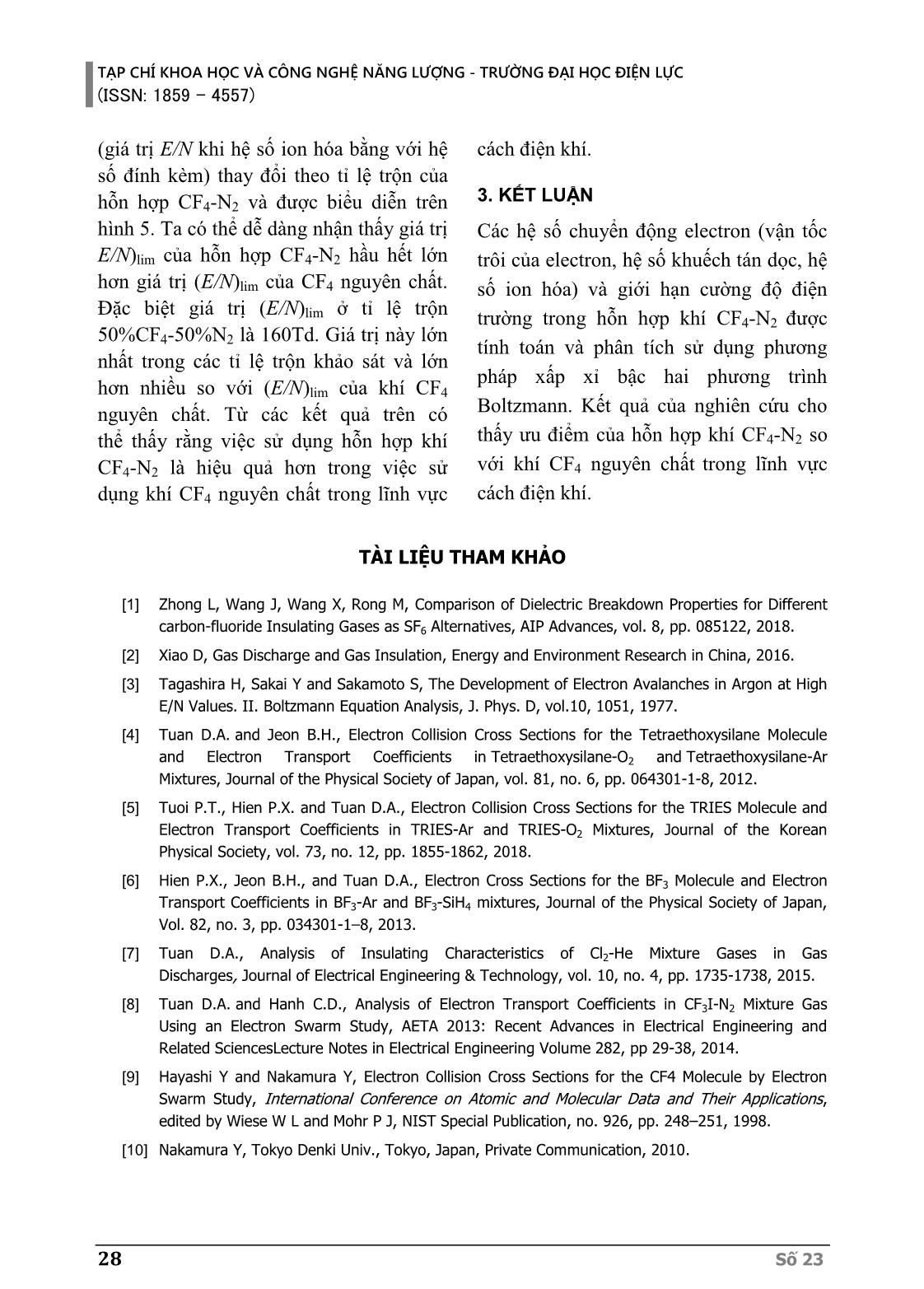 Các hệ số chuyển động electron và giới hạn cường độ điện trường trong hỗn hợp khí CF4-N2 trang 5