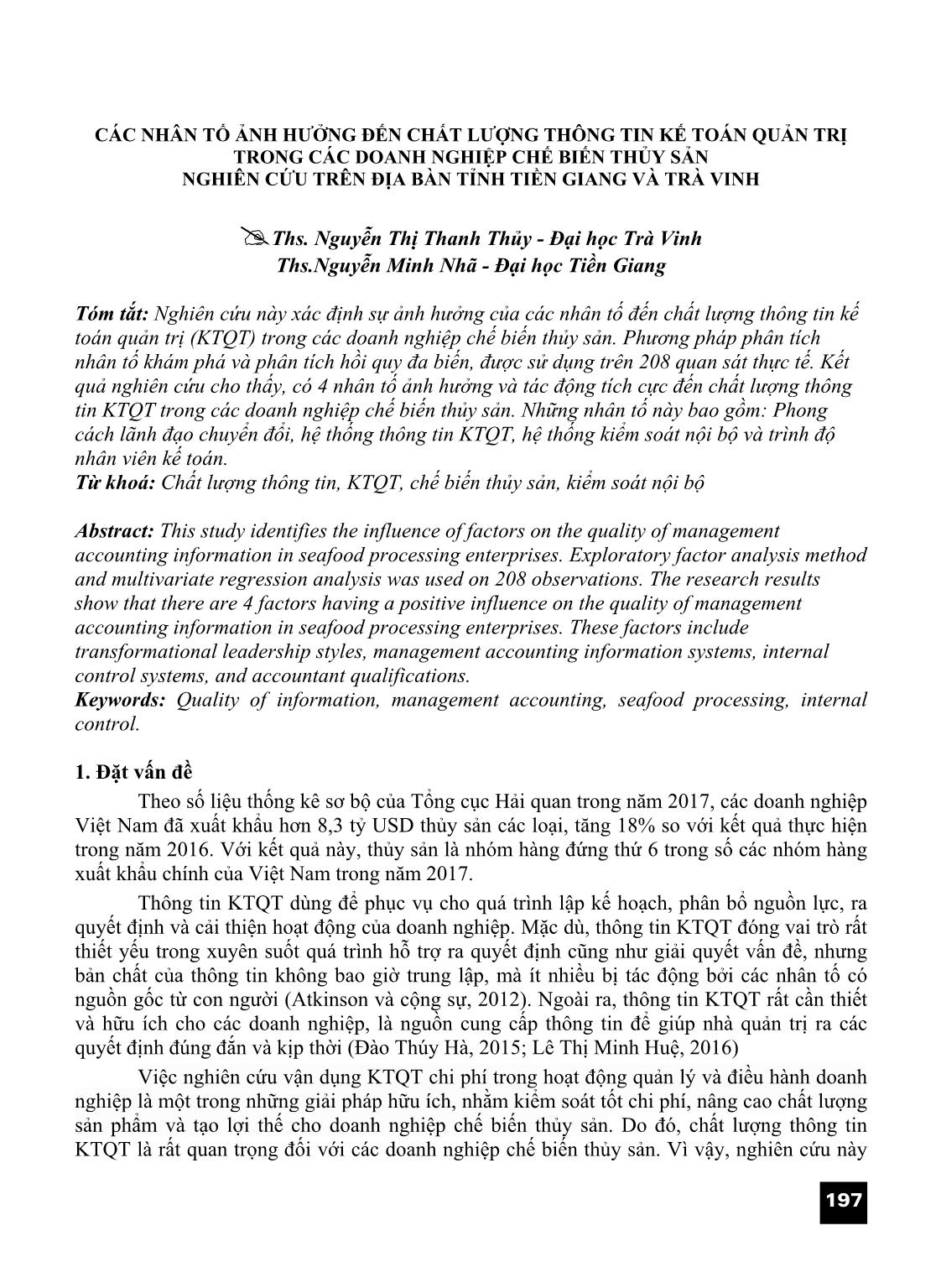 Các nhân tố ảnh hưởng đến chất lượng thông tin kế toán quản trị trong các doanh nghiệp chế biến thủy sản trang 1