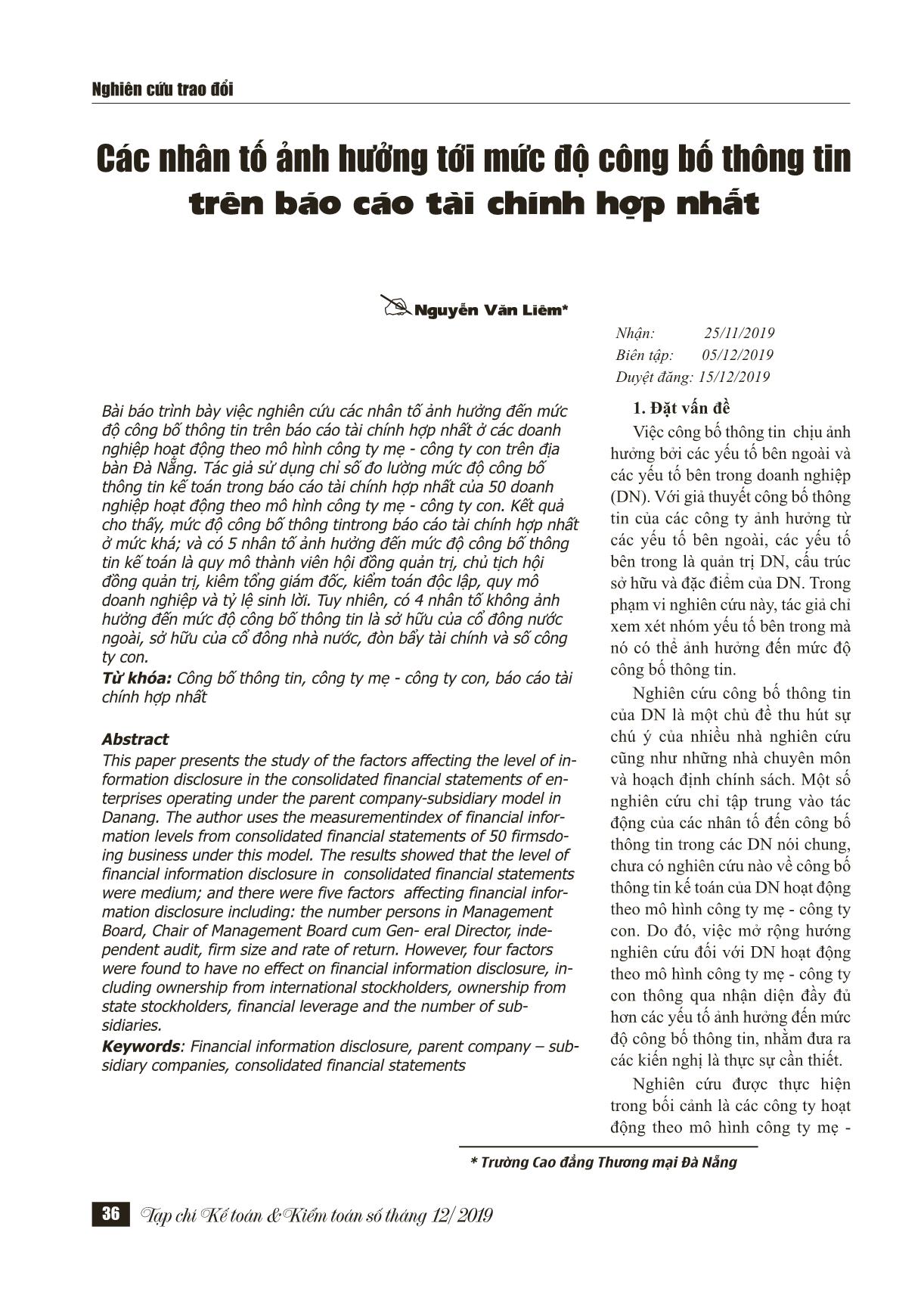 Các nhân tố ảnh hưởng tới mức độ công bố thông tin trên Báo cáo tài chính hợp nhất trang 1