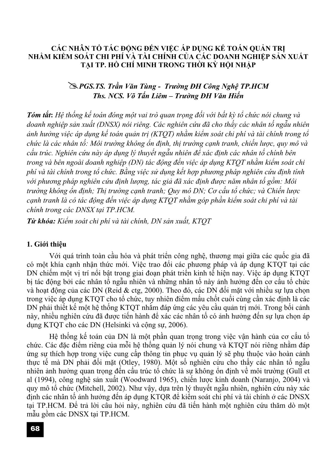Các nhân tố tác động đến việc áp dụng kế toán quản trị nhằm kiểm soát chi phí và tài chính của các doanh nghiệp sản xuất tại thành phố Hồ Chí Minh trong thời kỳ hội nhập trang 1