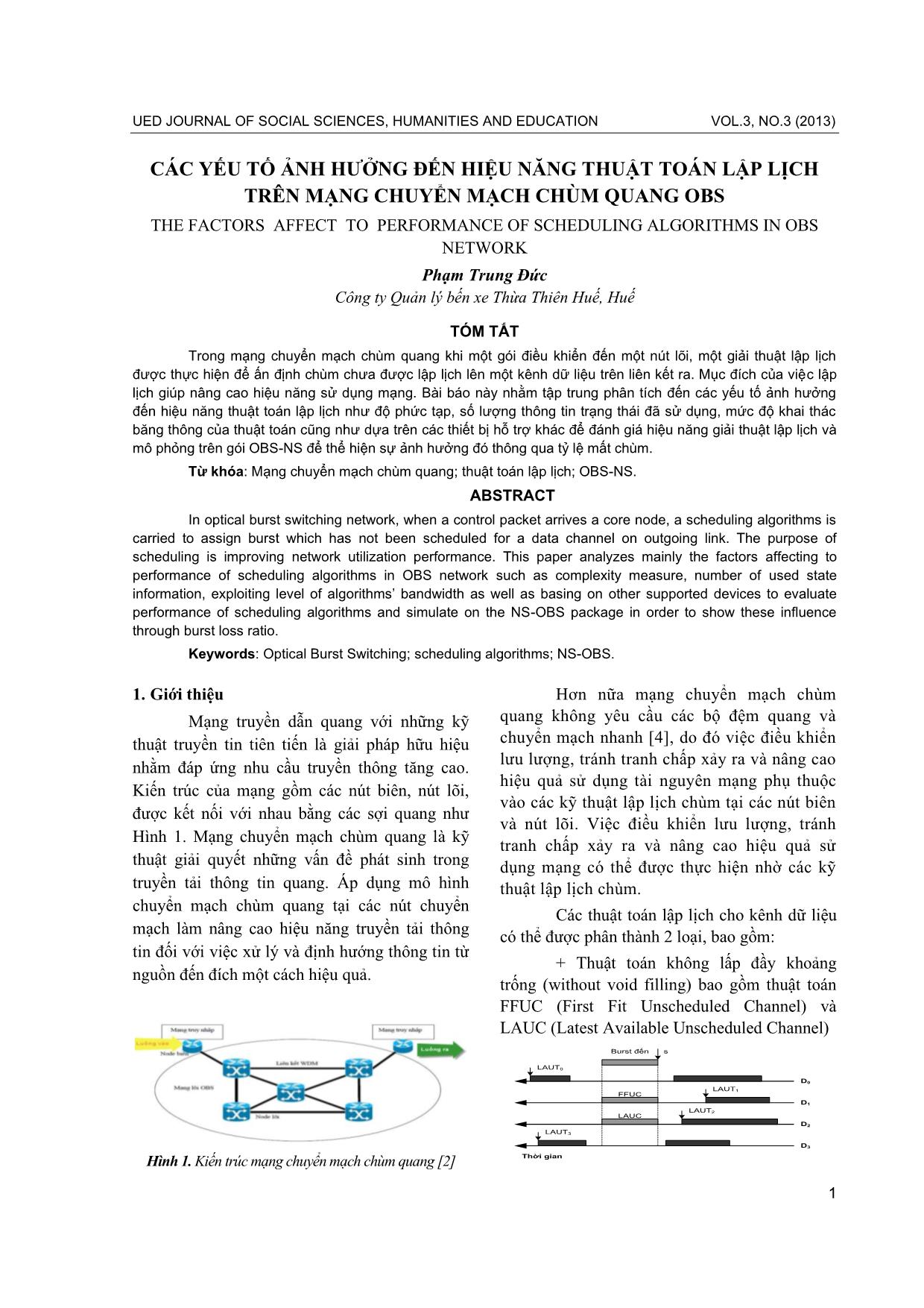 Các yếu tố ảnh hưởng đến hiệu năng thuật toán lập lịch trên mạng chuyển mạch chùm quang OBS trang 1