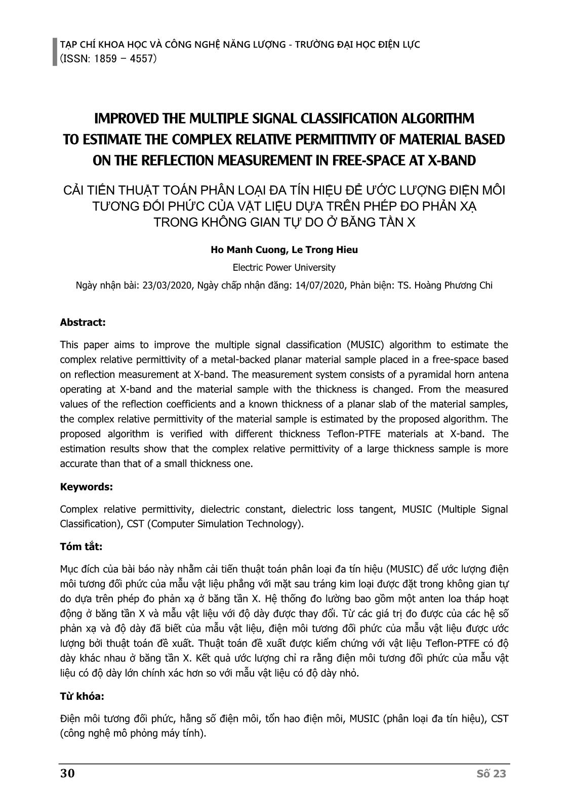 Cải tiến thuật toán phân loại đa tín hiệu để ước lượng điện môi tương đối phức của vật liệu dựa trên phép đo phản xạ trong không gian tự do ở băng tần X trang 1