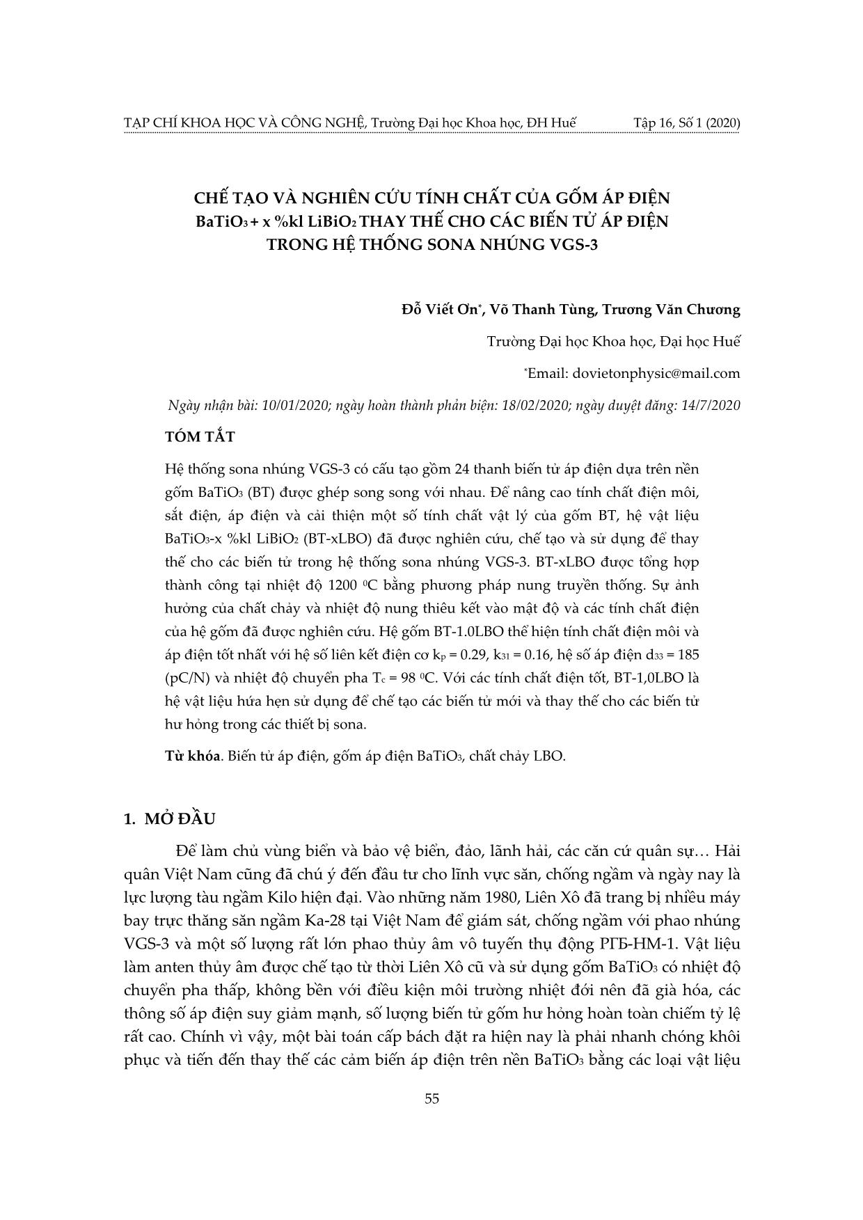 Chế tạo và nghiên cứu tính chất của gốm áp điện BaTiO3 + x %kl libio2 thay thế cho các biến tử áp điện trong hệ thống sona nhúng vgs-3 trang 1