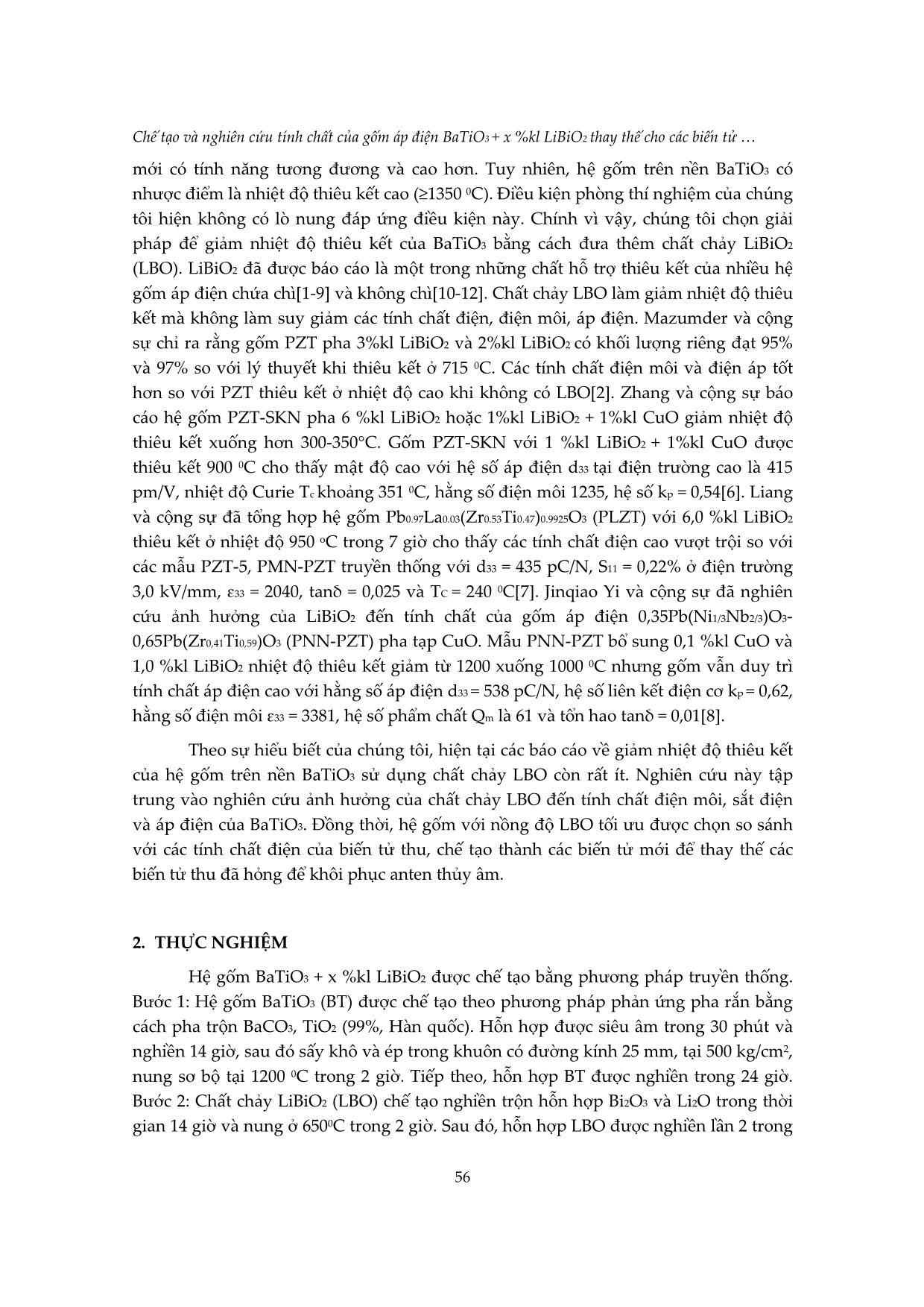 Chế tạo và nghiên cứu tính chất của gốm áp điện BaTiO3 + x %kl libio2 thay thế cho các biến tử áp điện trong hệ thống sona nhúng vgs-3 trang 2