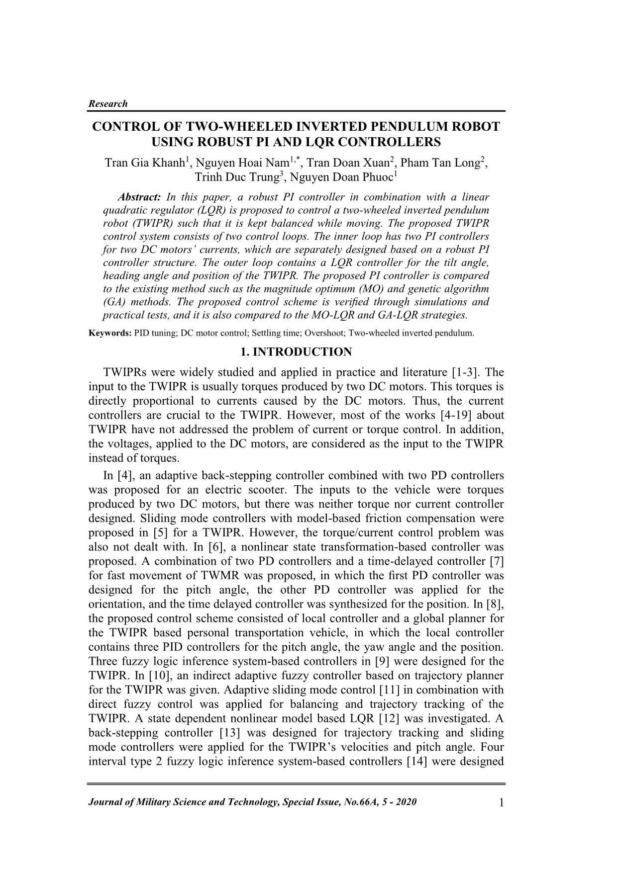 Control of two - wheeled inverted pendulum robot using robust pi and lqr controllers trang 1