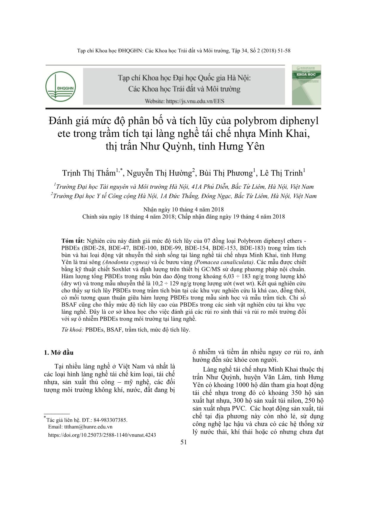 Đánh giá mức độ phân bố và tích lũy của polybrom diphenyl ete trong trầm tích tại làng nghề tái chế nhựa Minh Khai, thị trấn Như Quỳnh, tỉnh Hưng Yên trang 1