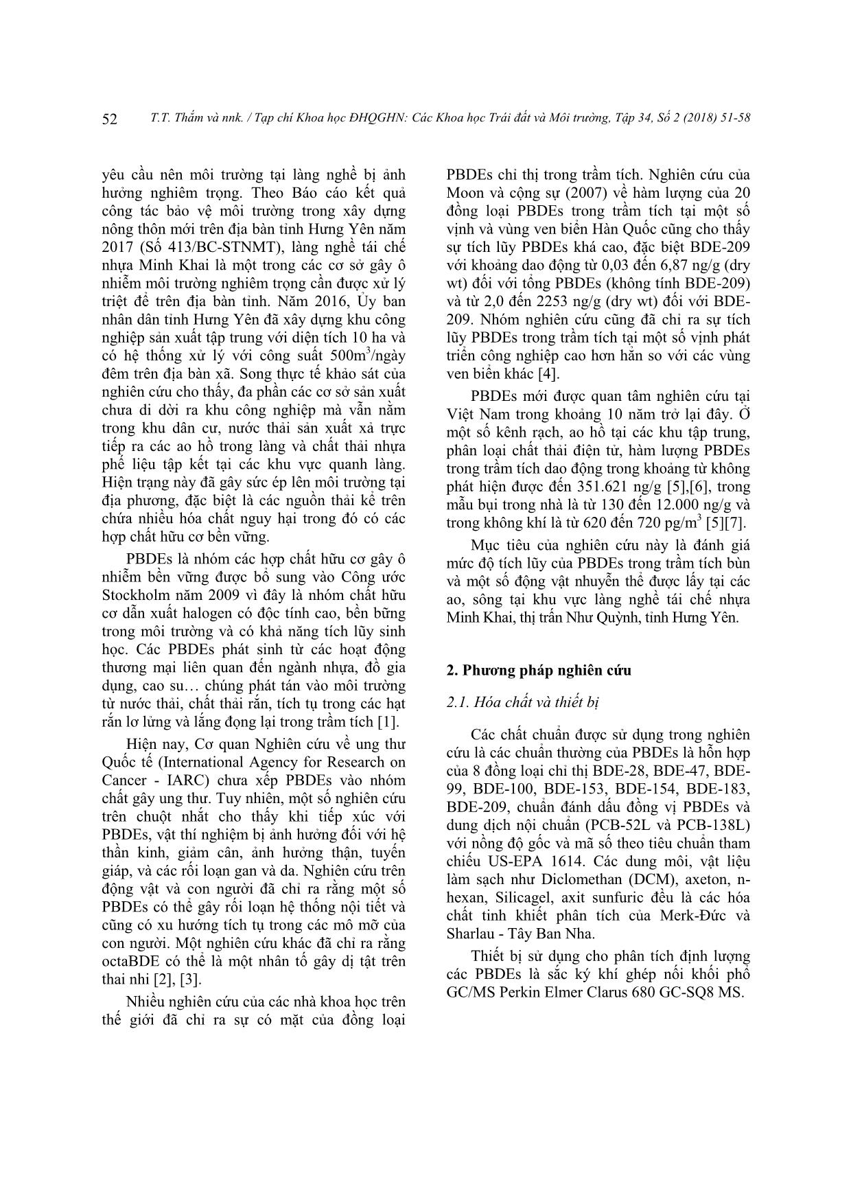 Đánh giá mức độ phân bố và tích lũy của polybrom diphenyl ete trong trầm tích tại làng nghề tái chế nhựa Minh Khai, thị trấn Như Quỳnh, tỉnh Hưng Yên trang 2