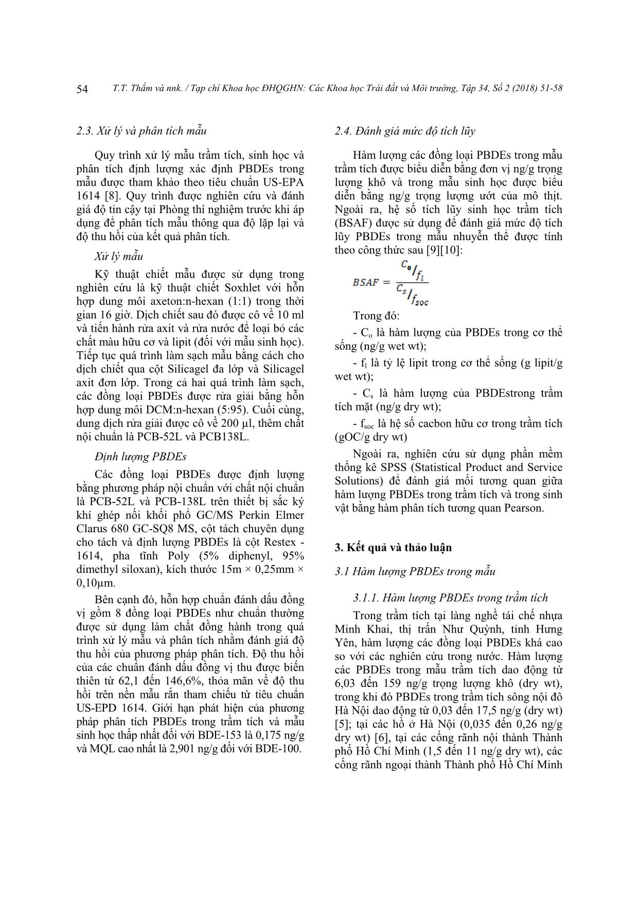 Đánh giá mức độ phân bố và tích lũy của polybrom diphenyl ete trong trầm tích tại làng nghề tái chế nhựa Minh Khai, thị trấn Như Quỳnh, tỉnh Hưng Yên trang 4