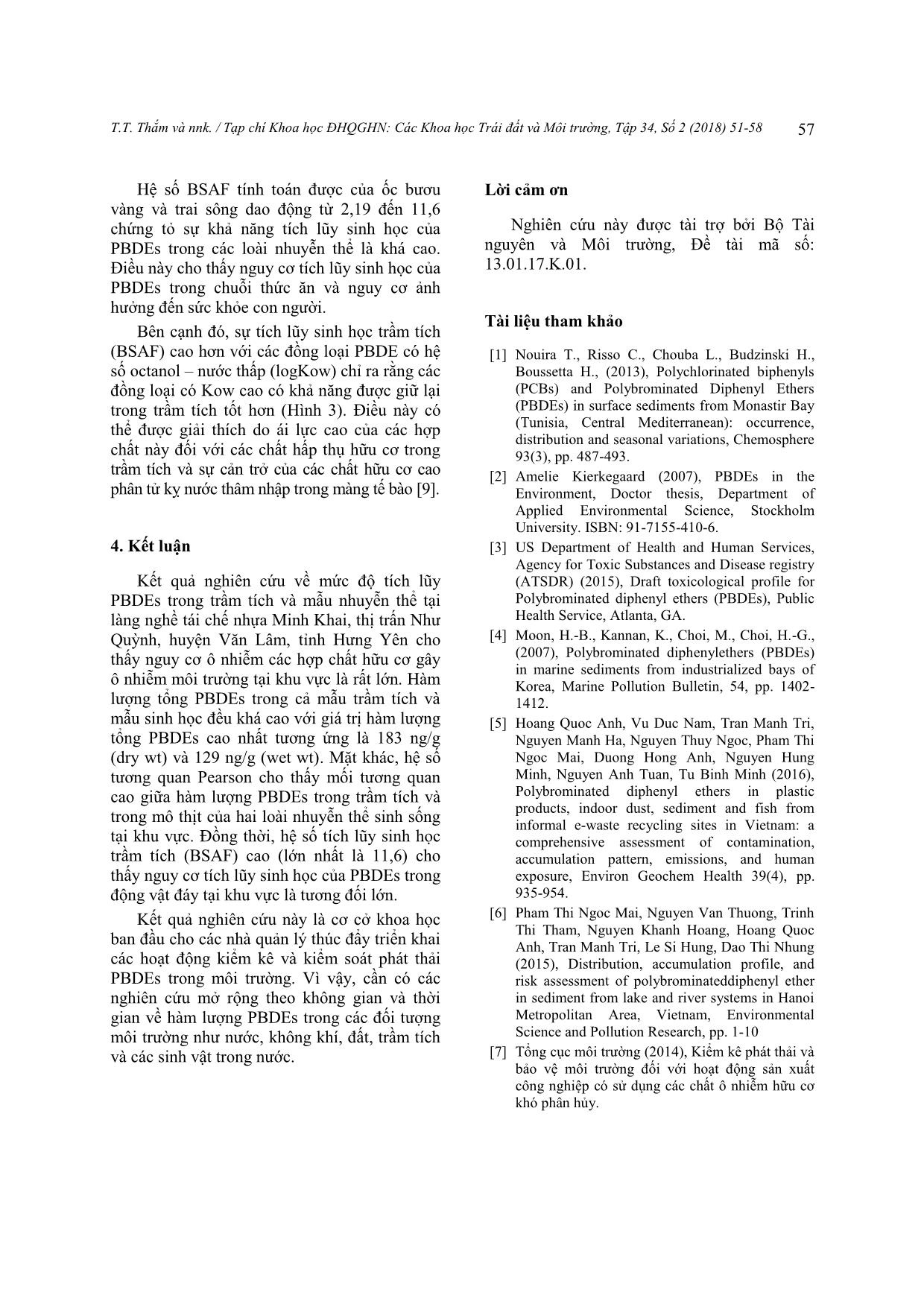 Đánh giá mức độ phân bố và tích lũy của polybrom diphenyl ete trong trầm tích tại làng nghề tái chế nhựa Minh Khai, thị trấn Như Quỳnh, tỉnh Hưng Yên trang 7