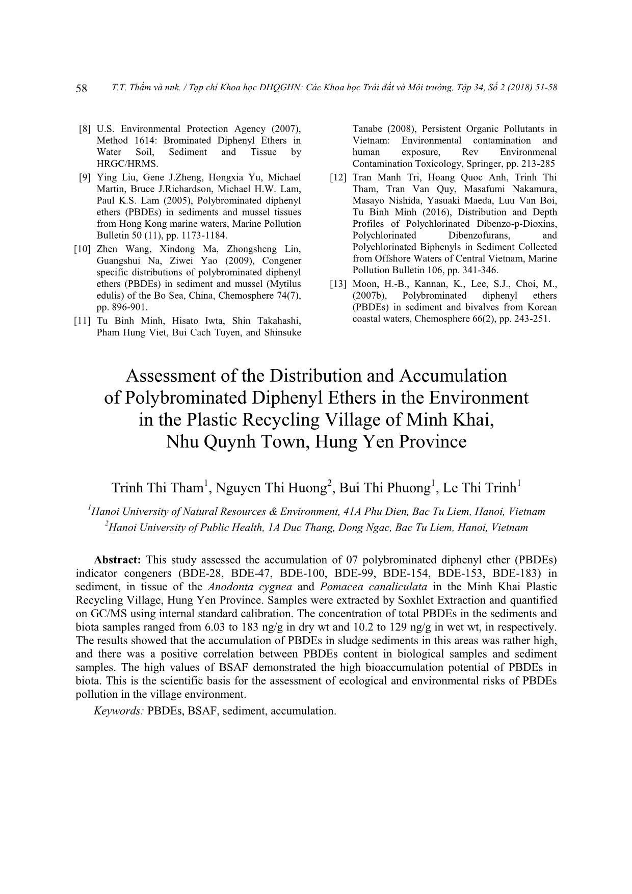 Đánh giá mức độ phân bố và tích lũy của polybrom diphenyl ete trong trầm tích tại làng nghề tái chế nhựa Minh Khai, thị trấn Như Quỳnh, tỉnh Hưng Yên trang 8