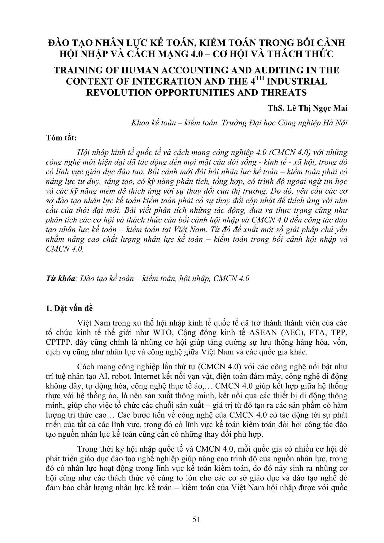 Đào tạo nhân lực kế toán, kiểm toán trong bối cảnh hội nhập và cách mạng 4.0 – Cơ hội và thách thức trang 1