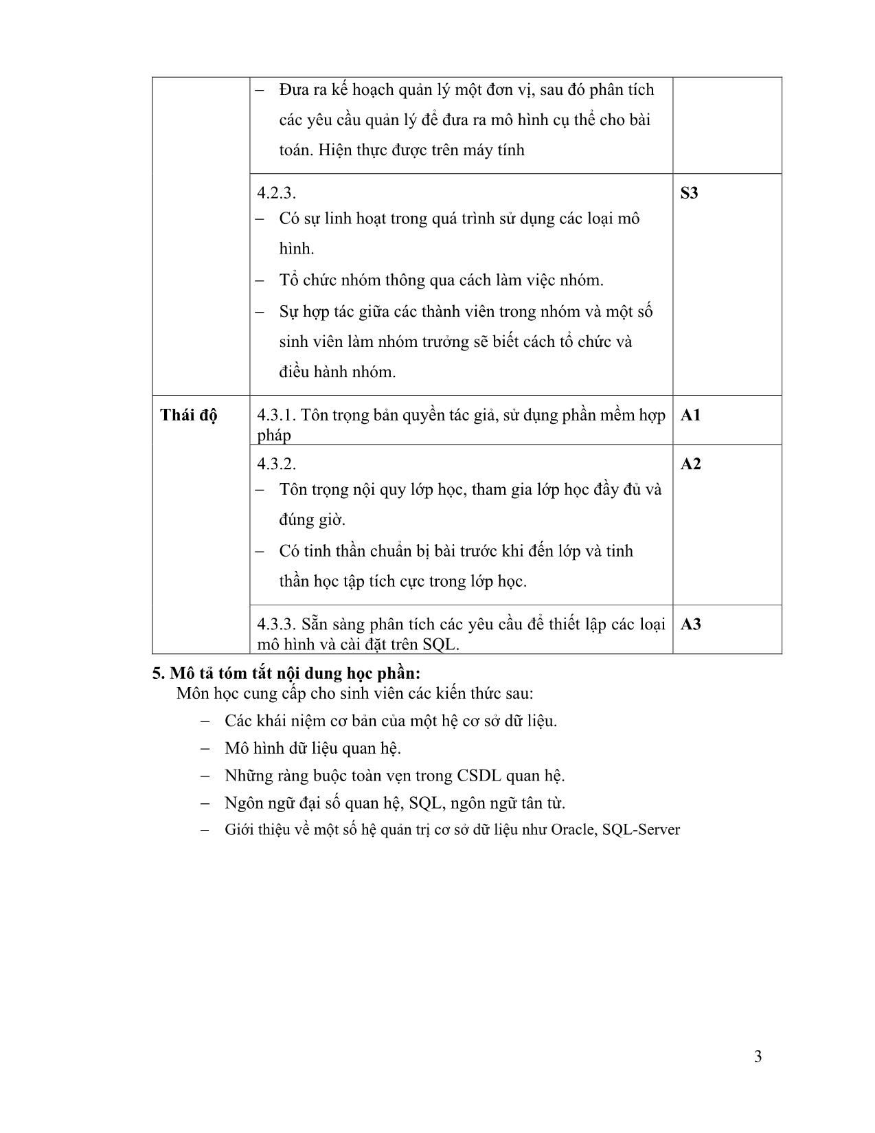 Đề cương chi tiết học phần Cơ sở dữ liệu (Introduction to Database) trang 3