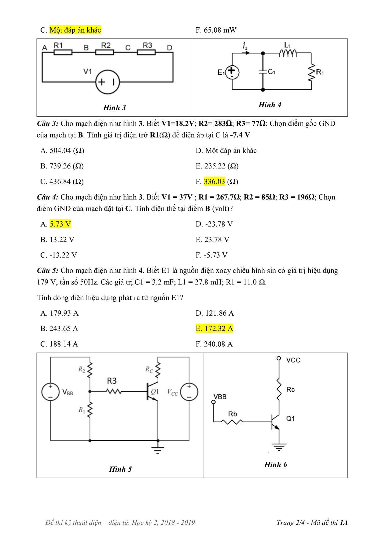 Đề thi cuối học kì 2 môn Kỹ thuật điện, điện tử - Mã đề 1A - Năm học 2018-2019 trang 2
