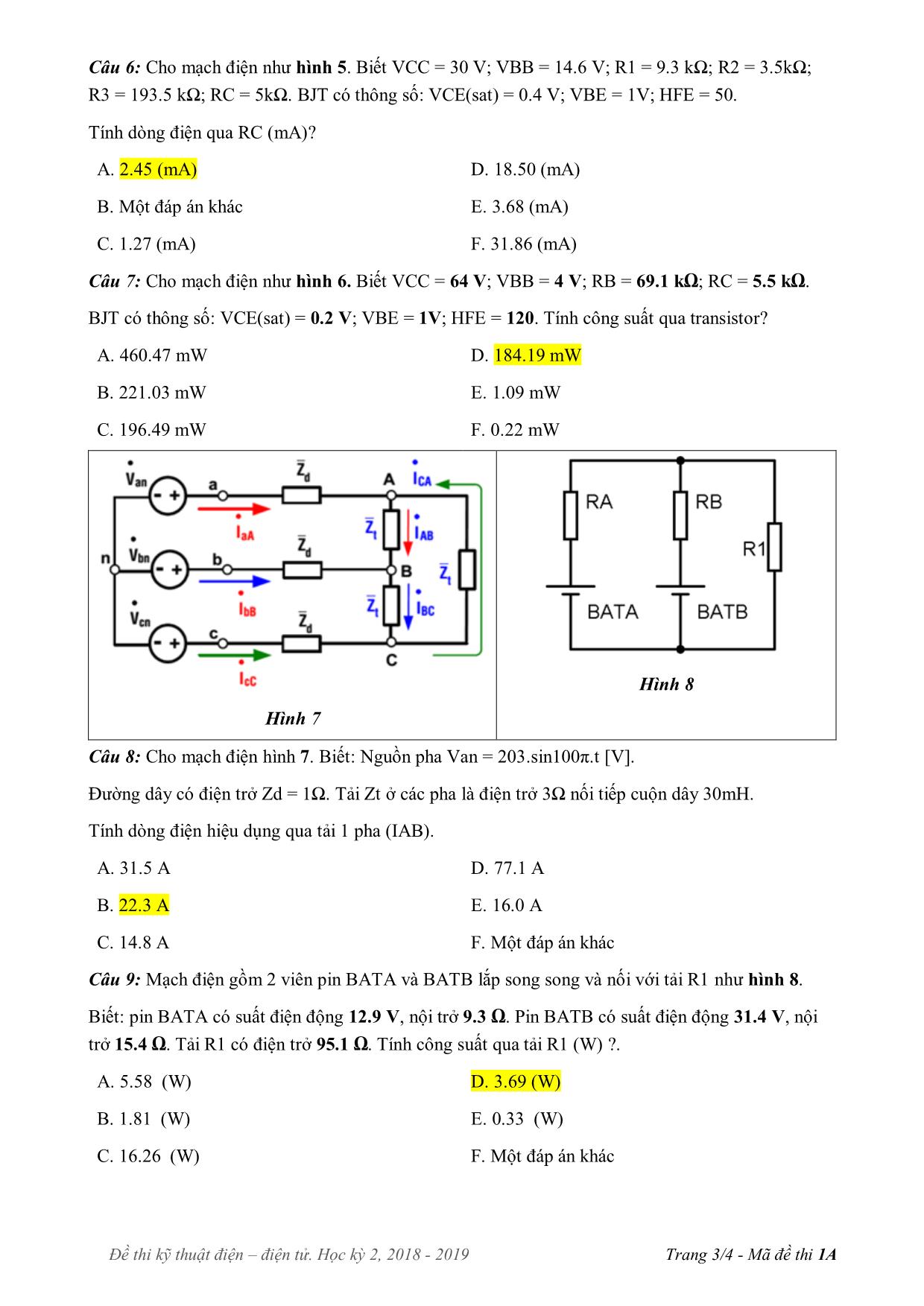 Đề thi cuối học kì 2 môn Kỹ thuật điện, điện tử - Mã đề 1A - Năm học 2018-2019 trang 3