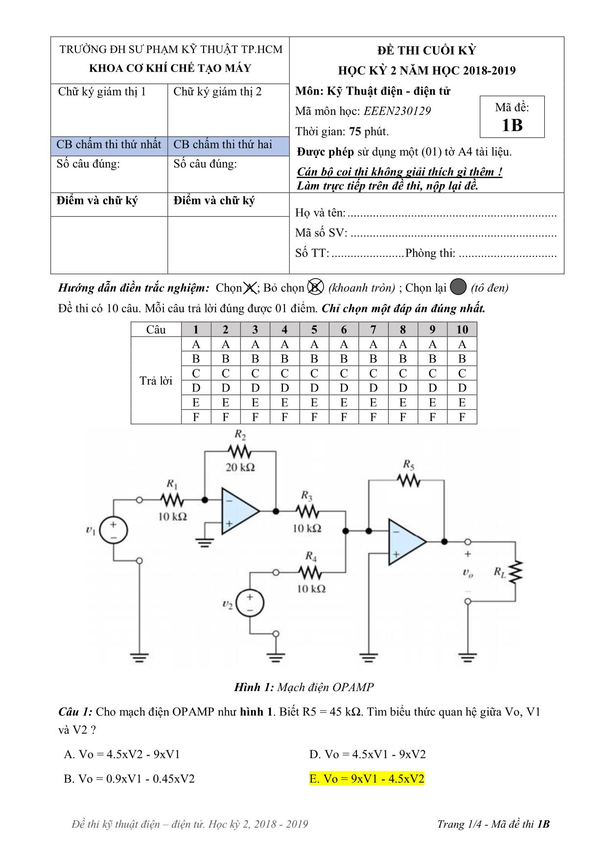 Đề thi cuối học kì 2 môn Kỹ thuật điện, điện tử - Mã đề 1B - Năm học 2018-2019 trang 1