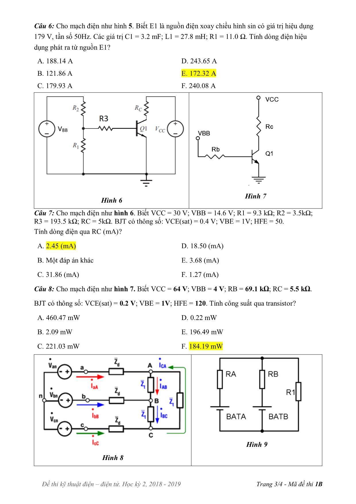 Đề thi cuối học kì 2 môn Kỹ thuật điện, điện tử - Mã đề 1B - Năm học 2018-2019 trang 3