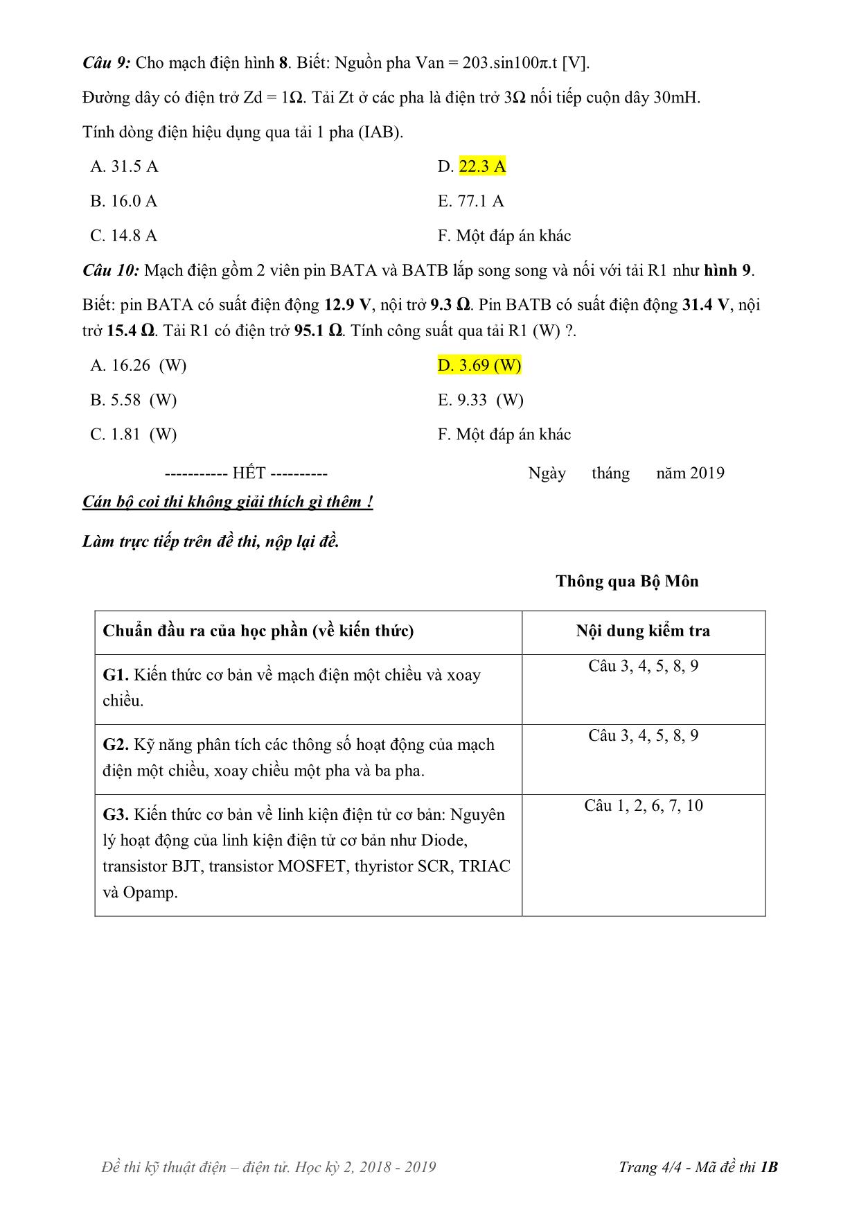 Đề thi cuối học kì 2 môn Kỹ thuật điện, điện tử - Mã đề 1B - Năm học 2018-2019 trang 4