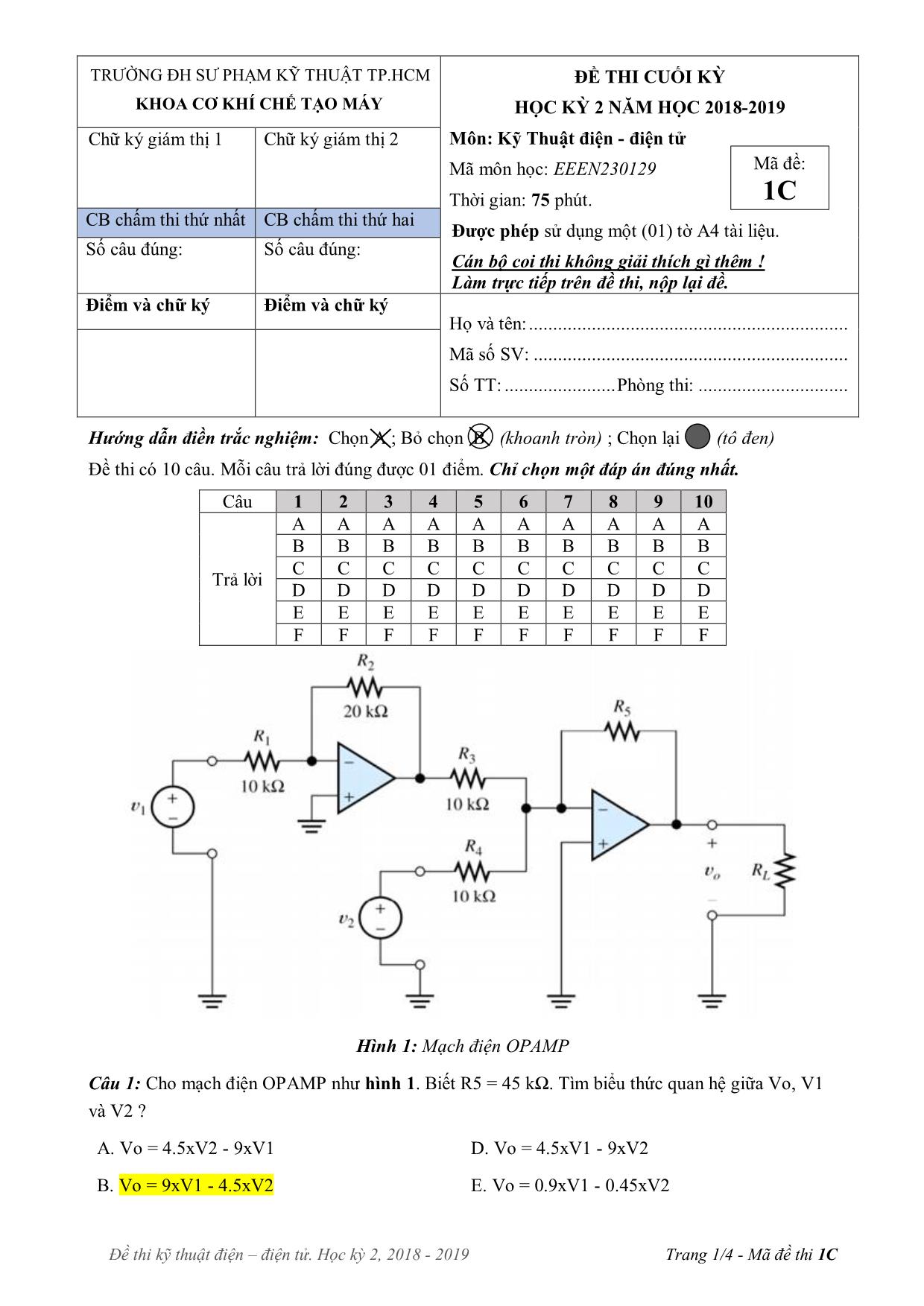 Đề thi cuối học kì 2 môn Kỹ thuật điện, điện tử - Mã đề 1C - Năm học 2018-2019 trang 1