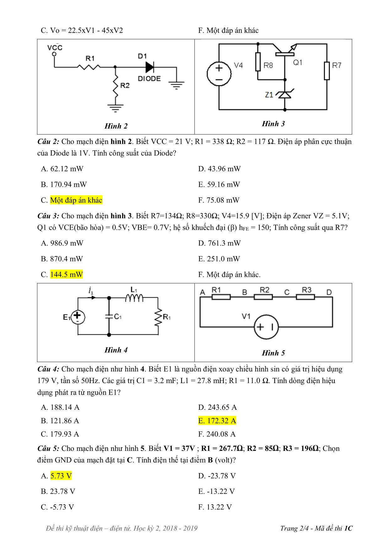 Đề thi cuối học kì 2 môn Kỹ thuật điện, điện tử - Mã đề 1C - Năm học 2018-2019 trang 2
