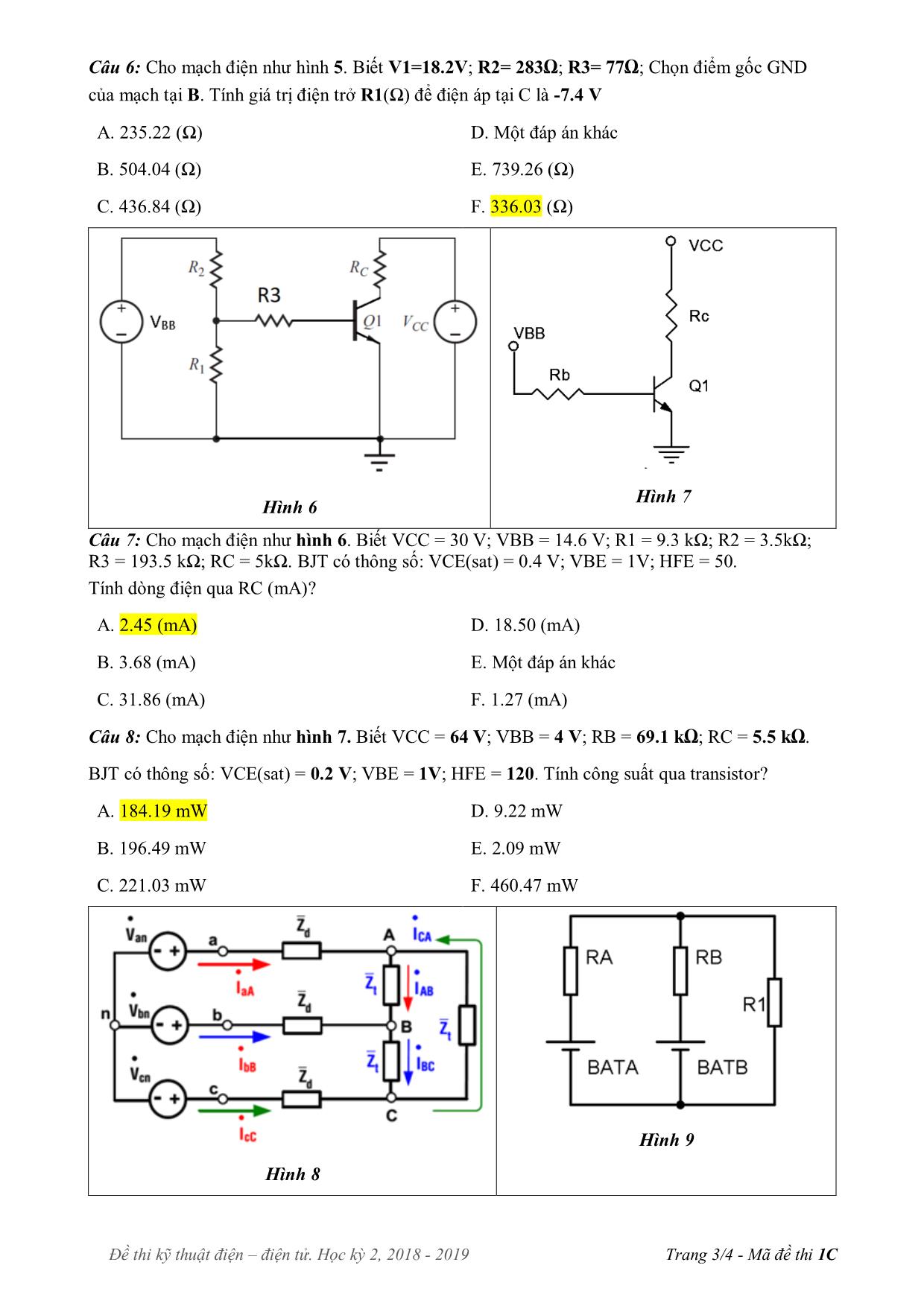 Đề thi cuối học kì 2 môn Kỹ thuật điện, điện tử - Mã đề 1C - Năm học 2018-2019 trang 3
