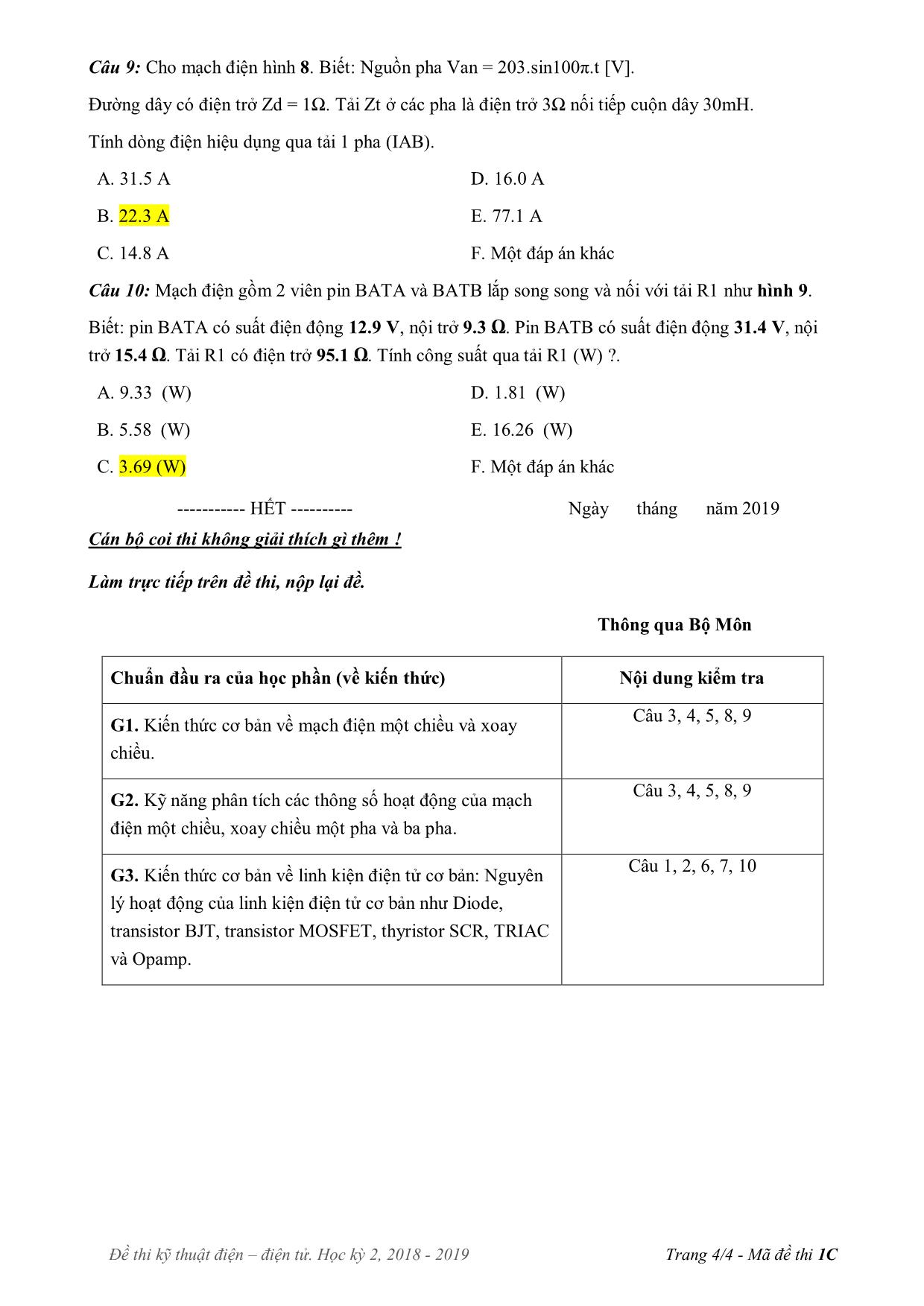 Đề thi cuối học kì 2 môn Kỹ thuật điện, điện tử - Mã đề 1C - Năm học 2018-2019 trang 4