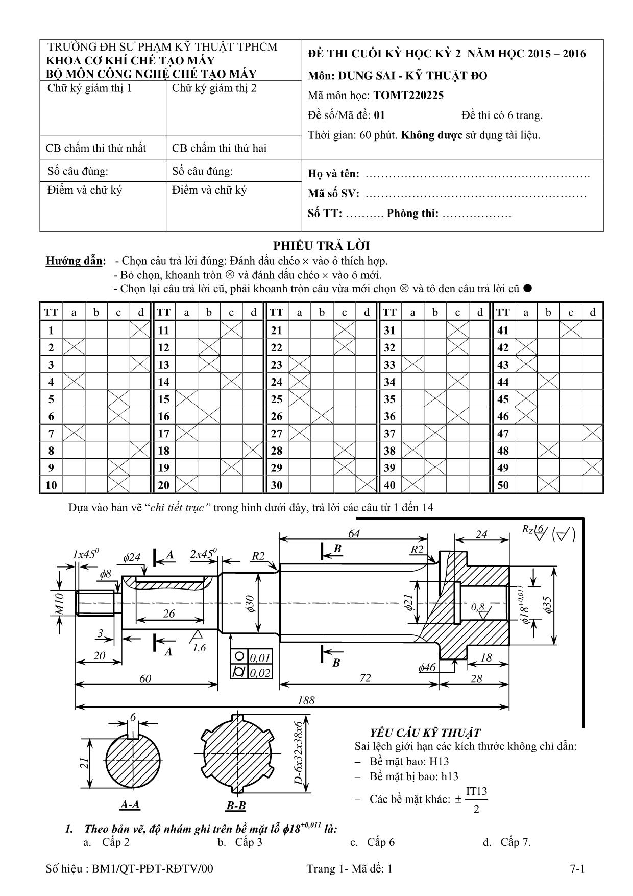 Đề thi Cuối học kỳ 2 môn Dung sai, kỹ thuật đo - Năm học 2015-2016 trang 1