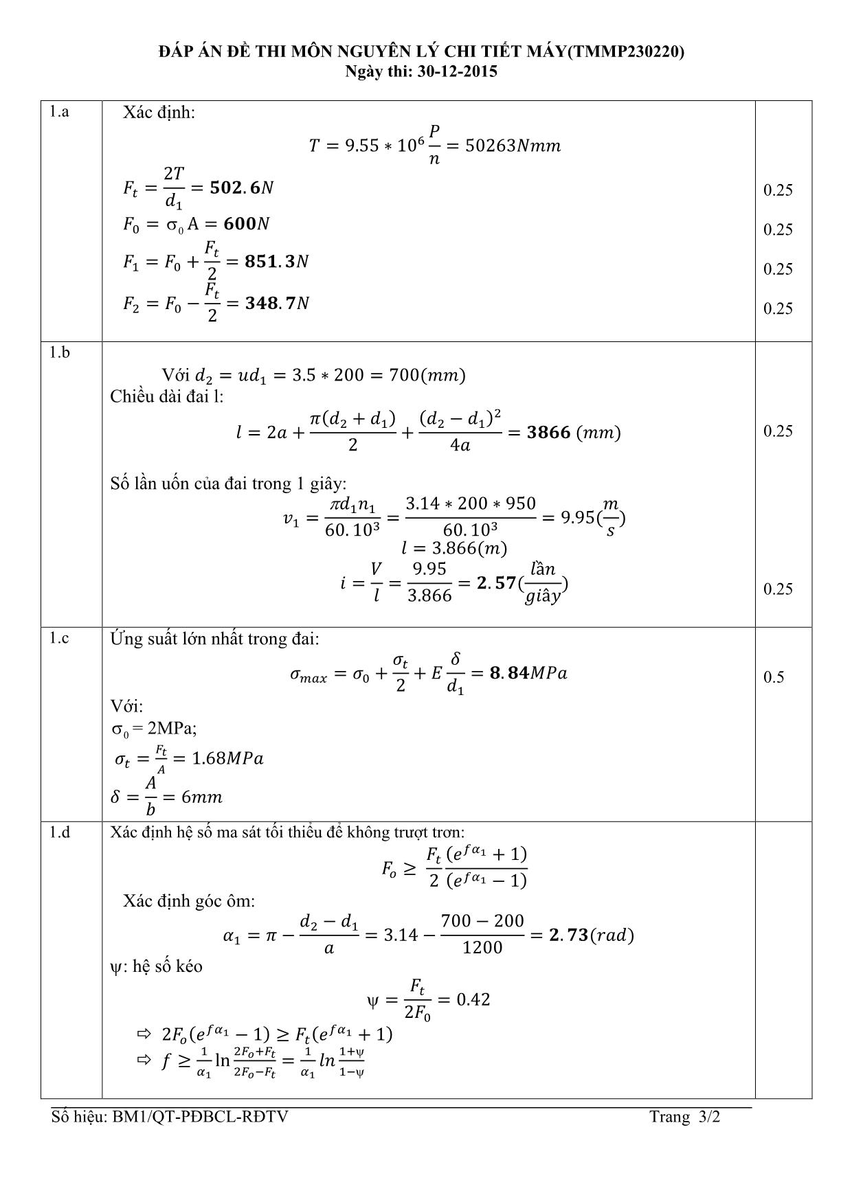 Đề thi Cuối học kỳ 3 môn Nguyên lý chi tiết máy - Năm học 2014-2015 trang 3