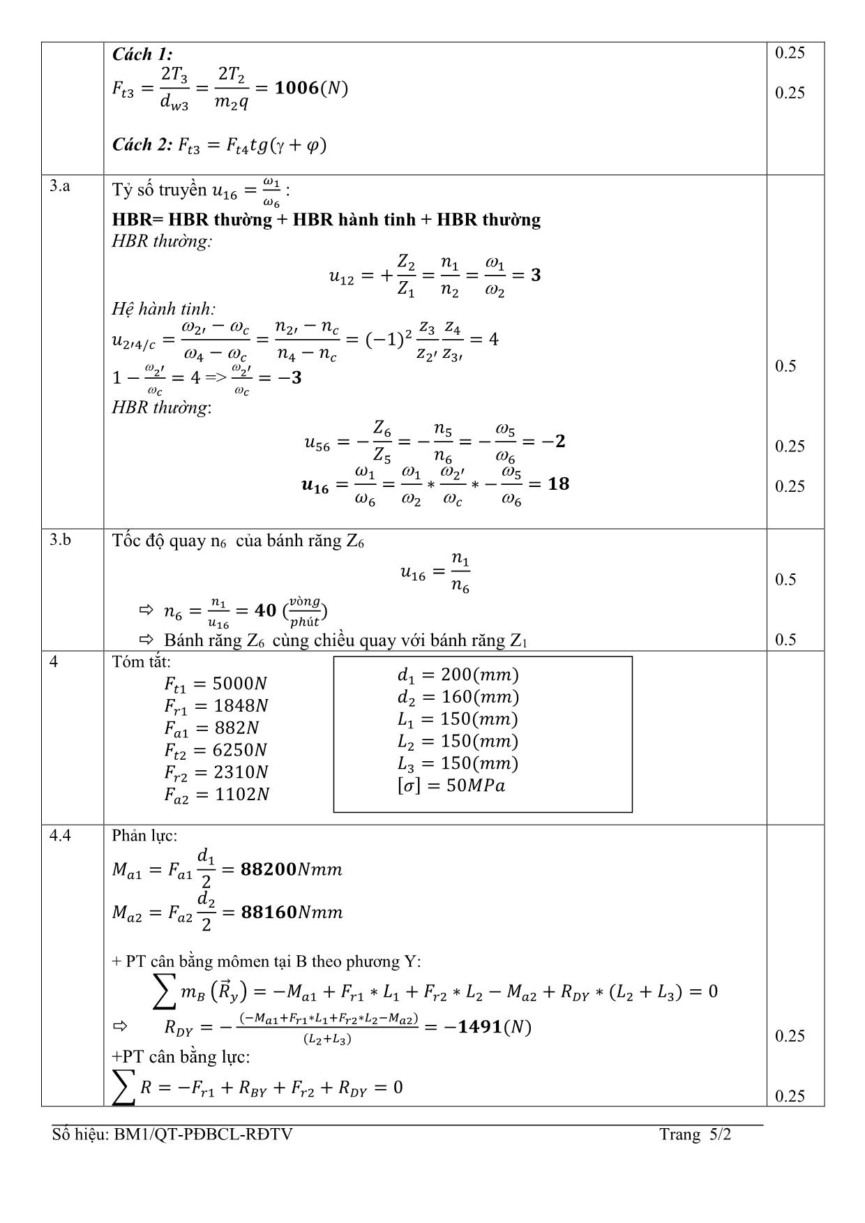 Đề thi Cuối học kỳ 3 môn Nguyên lý chi tiết máy - Năm học 2014-2015 trang 5